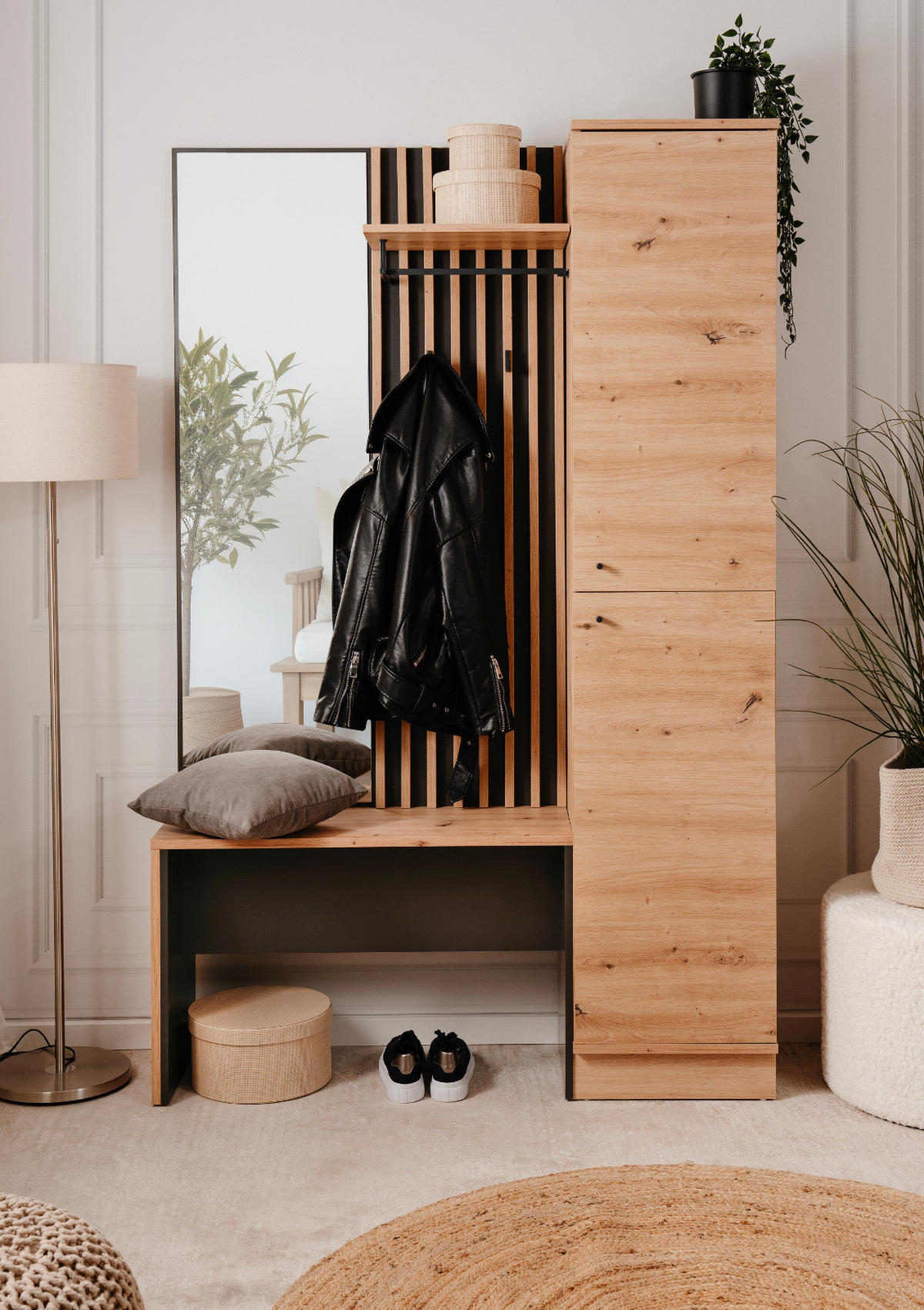 GARDEROBE Eiche Artisan, grau 122 cm, Kompaktgarderobe mit Spiegel - Anthrazit/Schwarz, Holzwerkstoff/Kunststoff (122/190/37cm) - Furn.Design