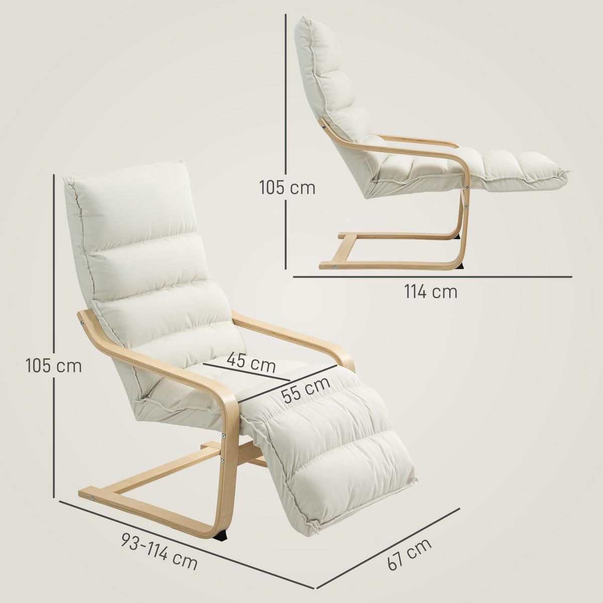 RELAXSESSEL DE-13311 mit verstellbarer Fußstütze & Veloursbezug Creme - Creme, Holz (67/105/93cm) - ComfortXL