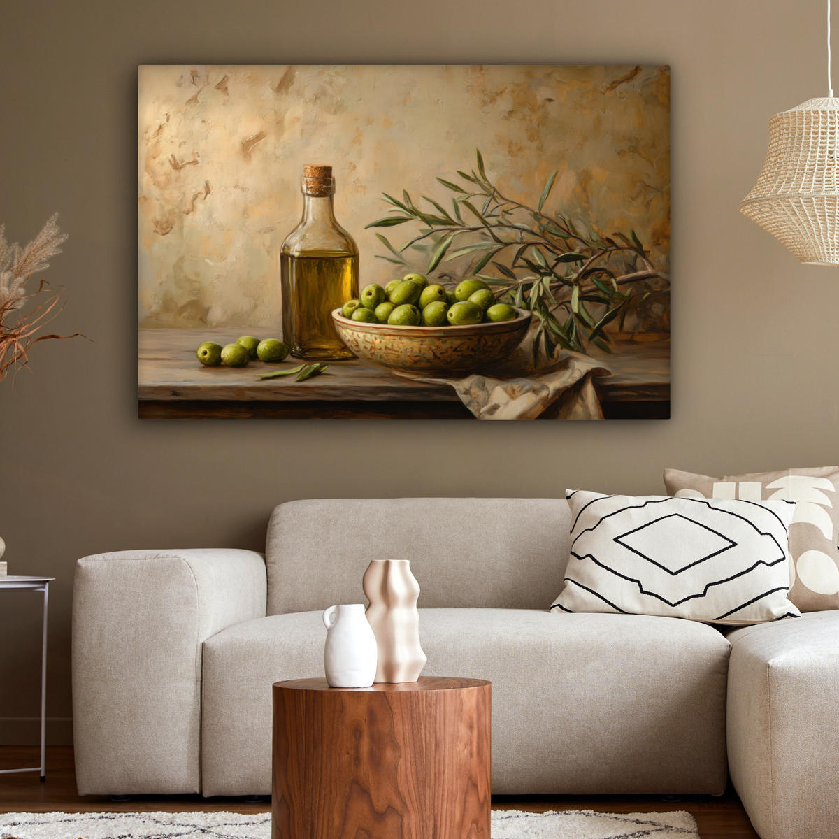 LEINWANDBILD Oliven - Stilleben - Vintage Wohnzimmer 120x80 cm - Olivgrün, Textil (120/80cm) - MuchoWow