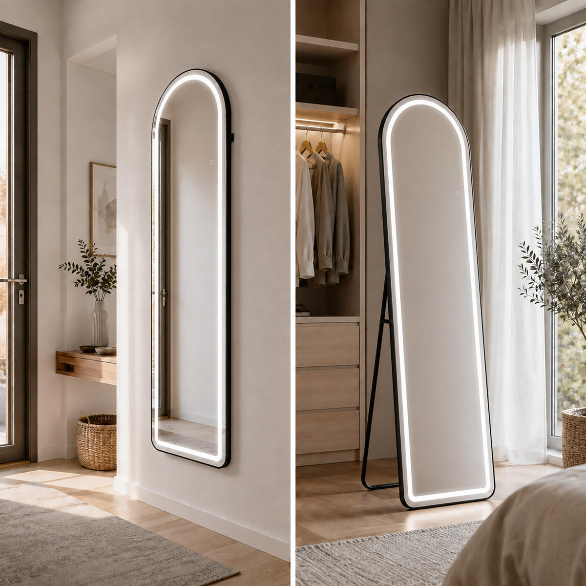 OGLEDALO Crno lučno LED rasvjeta 160x50 cm - crna, staklo/drvni materijal (50/160/4.5cm) - Relaxdays