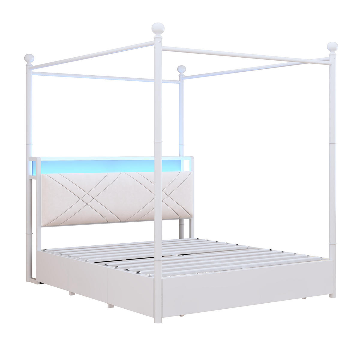 HIMMELBETT 140/190 cm DE-02090, in Weiß, mit Baldachin, LED, USB-C und 3 Schubladen - Weiß, Metall (140/190cm) - ComfortXL