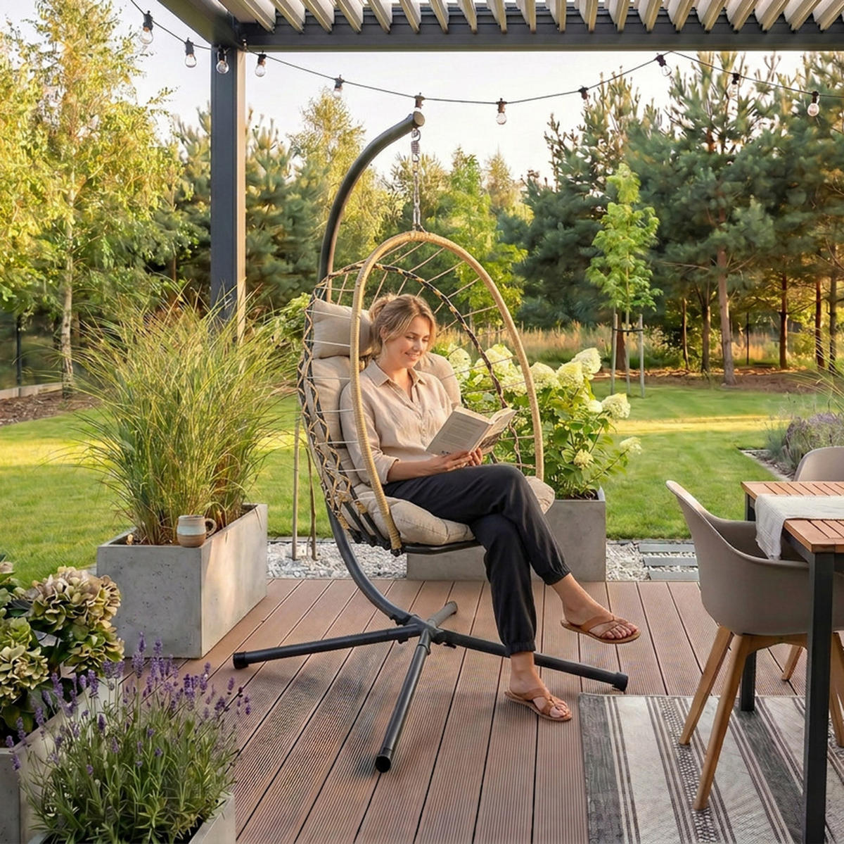 ZÁVĚSNÉ KŘESLO Mykonos se stabilním ocelovým rámem, 109 cm, béžové - béžová, kov (109/192/124cm) - Beautysofa