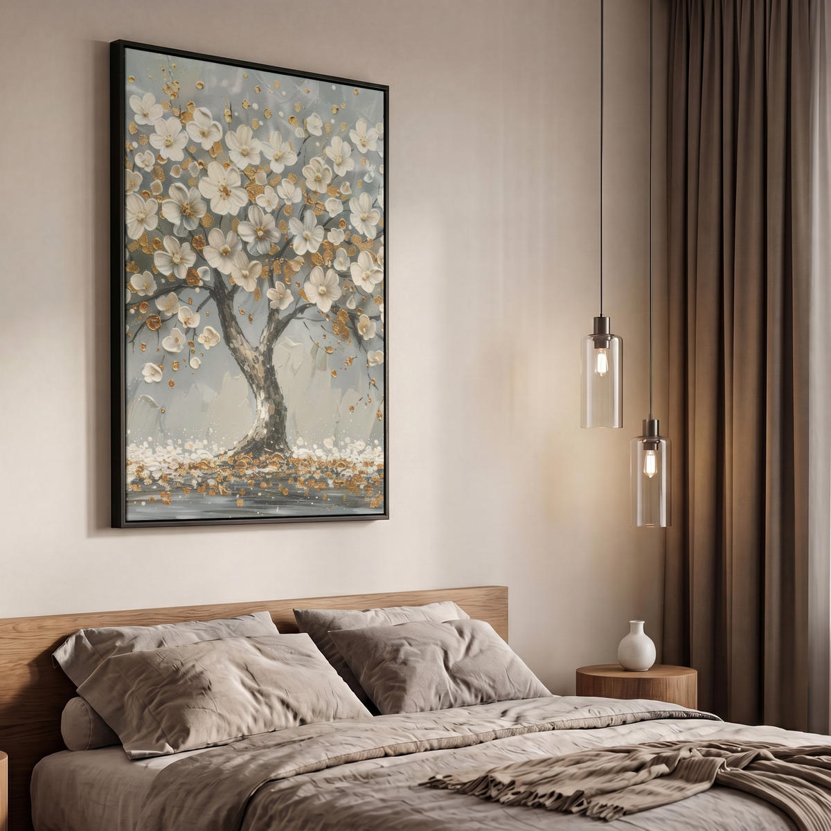 LEINWAND Bilder mit Rahmen - Baum - Blumen - Weiß - Natur - Kunst - 60x90 - Weiß, Textil (60/90cm) - MuchoWow