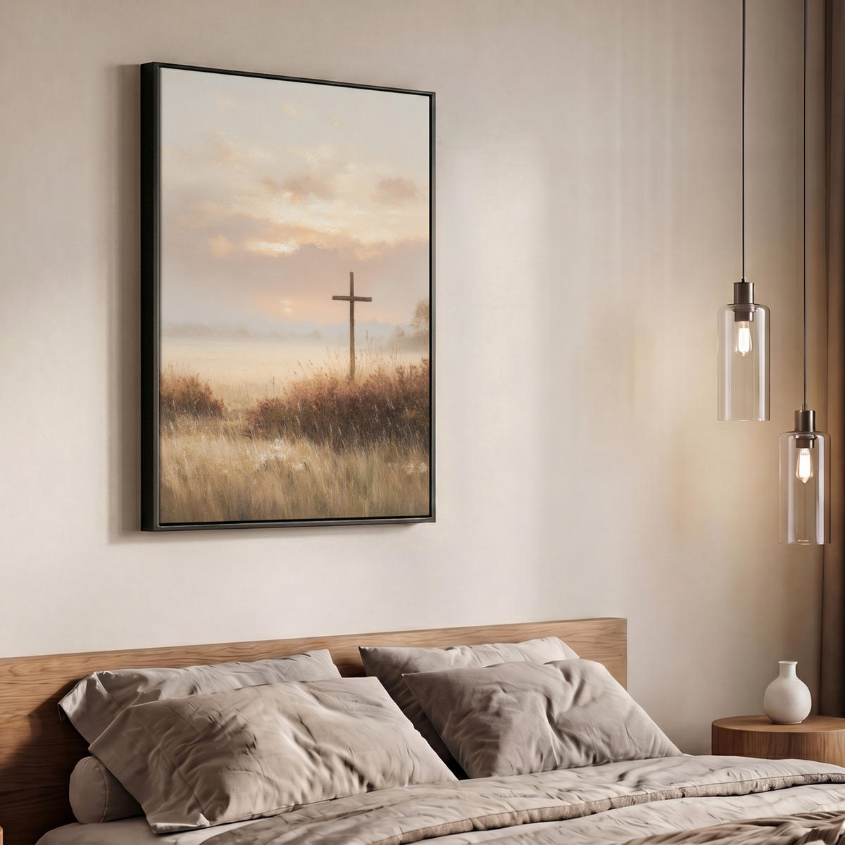 LEINWAND Bilder mit Rahmen - Gras - Morgennebel - Kreuz - Christentum - 70x100 - Beige, Textil (70/100cm) - MuchoWow