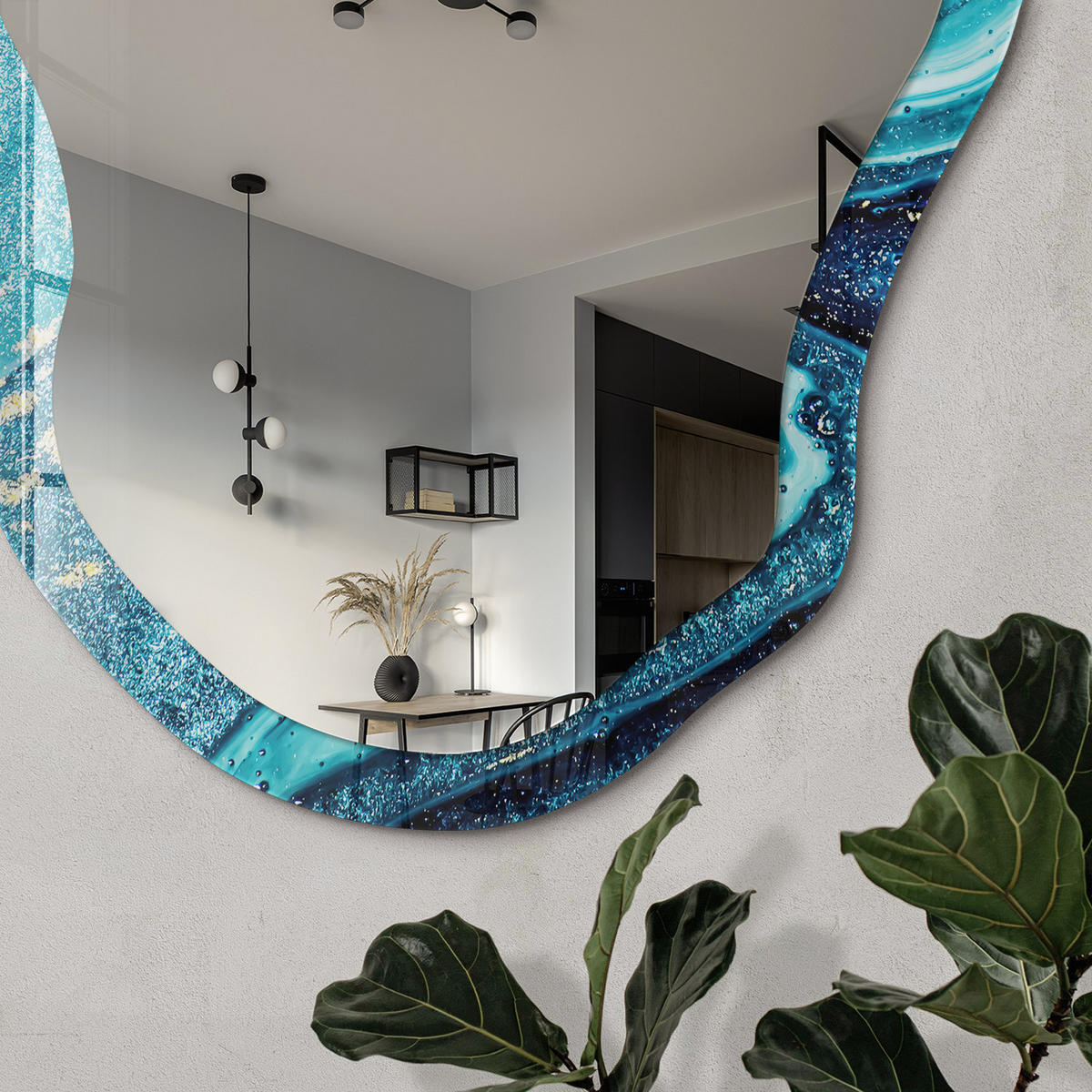 SPIEGEL 90x45 cm asymmetrisch mit Druck - Abstrakte Welle - Transparent, Glas (45/90/0.4cm) - TULUP