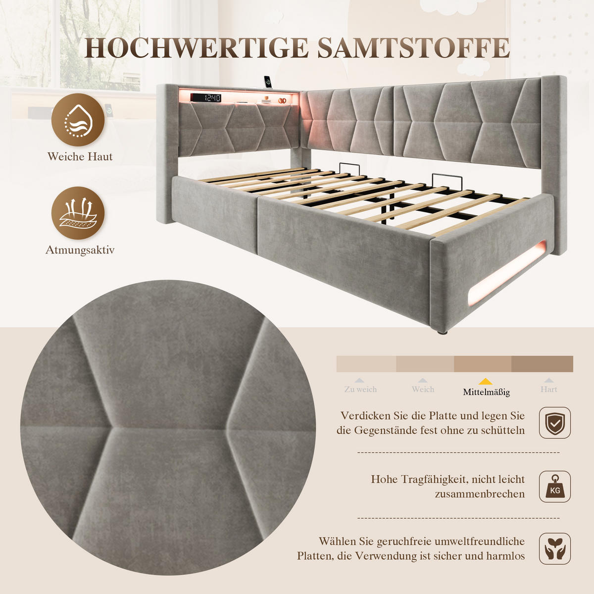 BOXBETT 90/200cm, LED/USB-C, Bettkasten, Lattenrost, Dunkelgrau - Dunkelgrau, Holz/Metall (90/200cm) - LVHOM