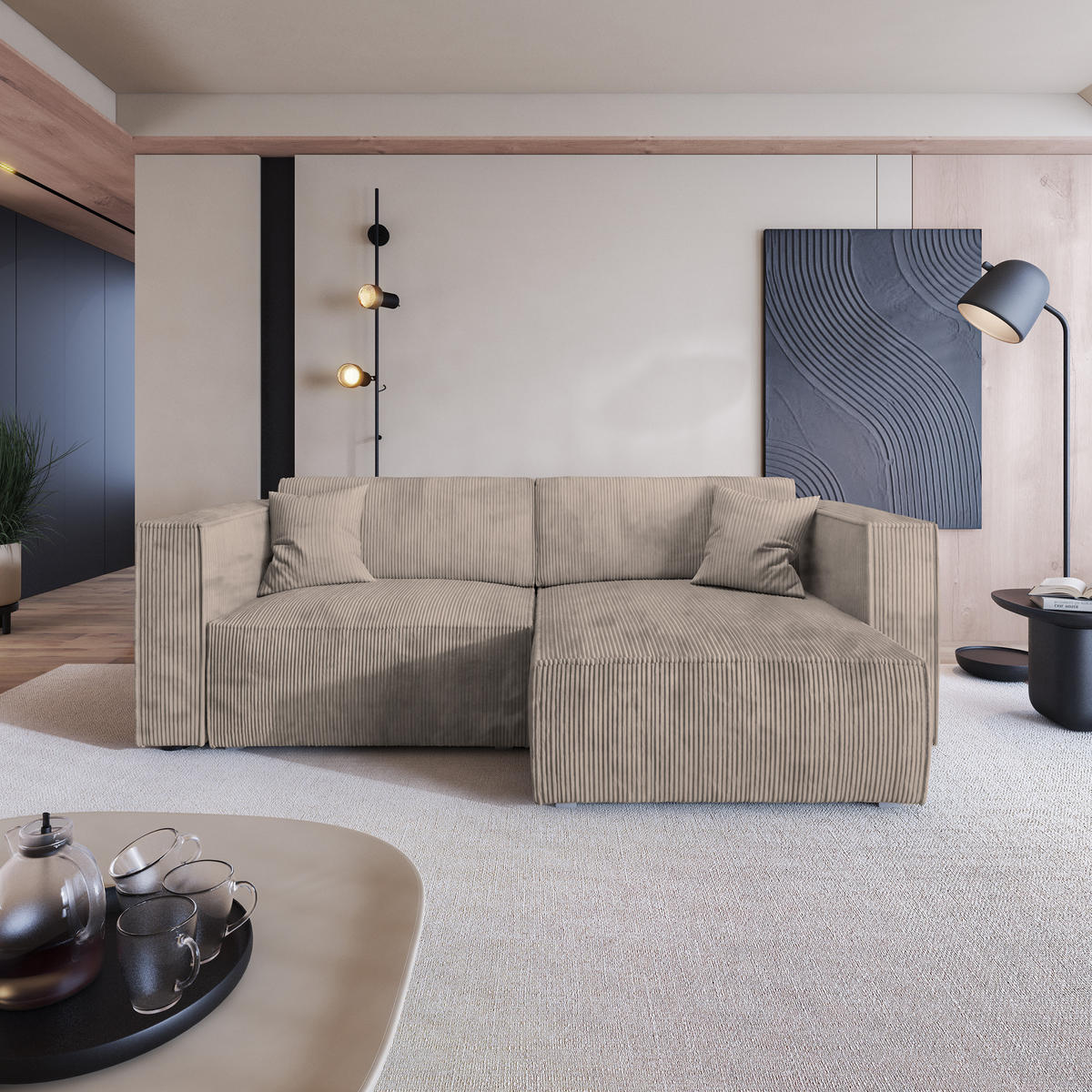 ECKSOFA NERIO P Beige Kordstoff mit Schlaffunktion - Beige/Grau, Holz/Kunststoff (245/148cm) - MASSENO