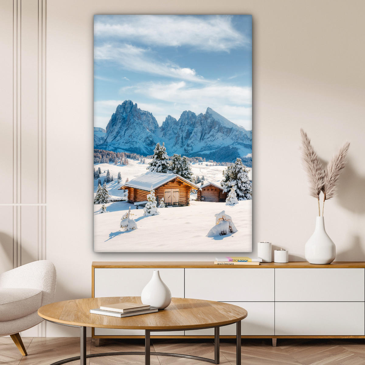 LEINWANDBILD Winter - Hütte - Berge - Aussicht - Schnee 90x140 cm - Eichefarben, Textil (90/140cm) - MuchoWow