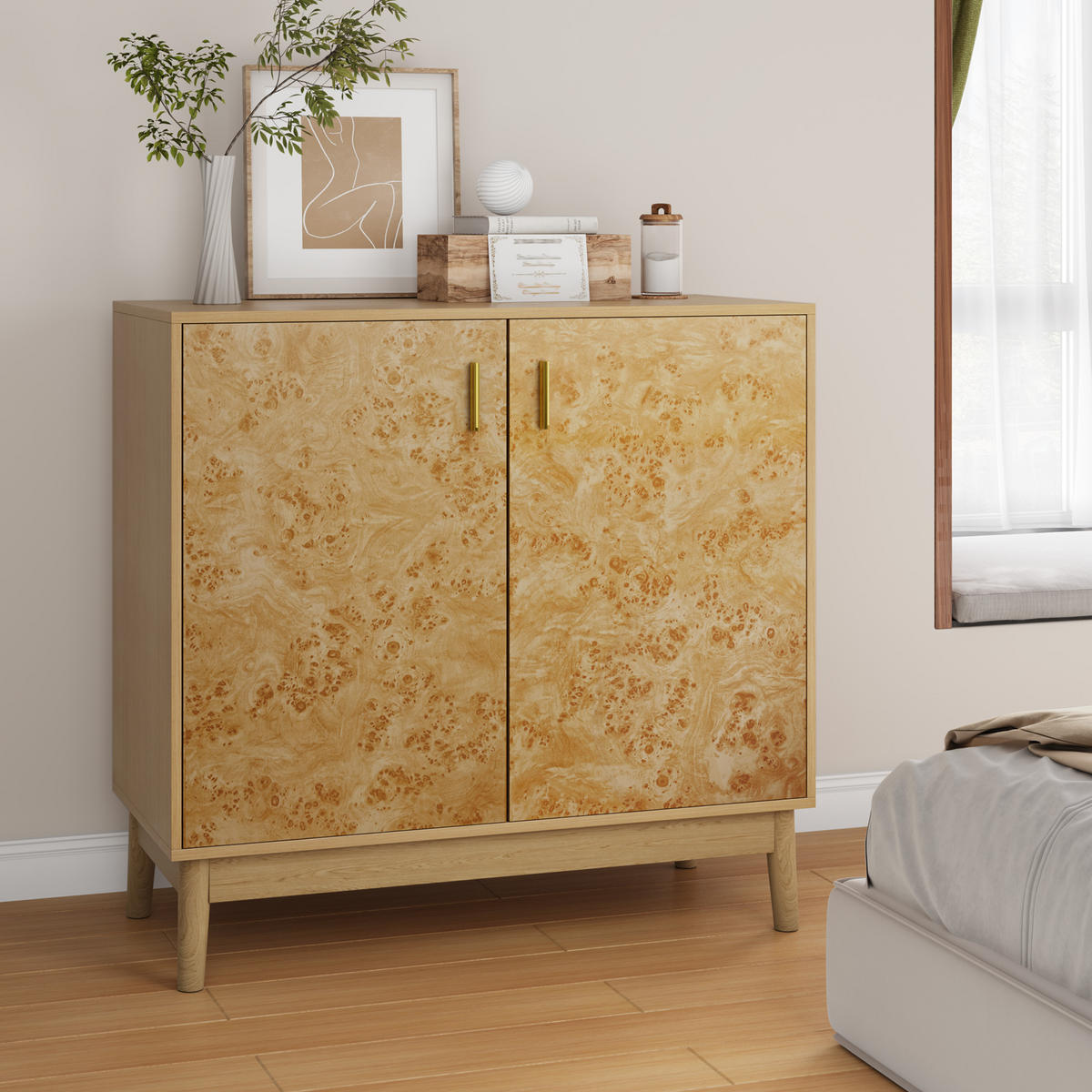 SIDEBOARD Gelb mit Baumknoten-Struktur, goldener Griff, MDF/Holz, verstellbare Einlegeböden, 80/38/77,5 cm, Gelb - Gelb, Holzwerkstoff (80/77.5/38cm) - Redom