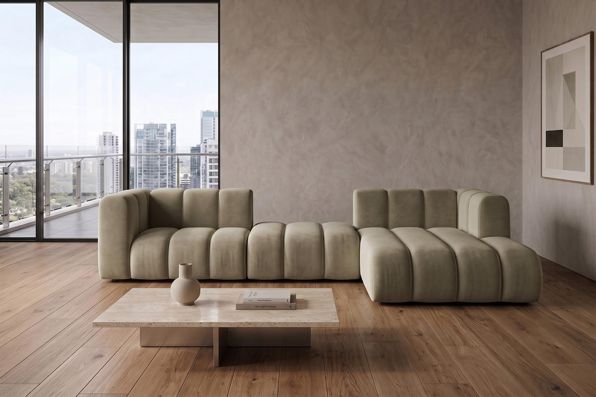 ECKSOFA Modulares In L-Form, Velvet-Stoff Riviera, Beige, Rechts, GRAND 319 cm - Beige, Holz (319/175cm) - Kaiser Möbel
