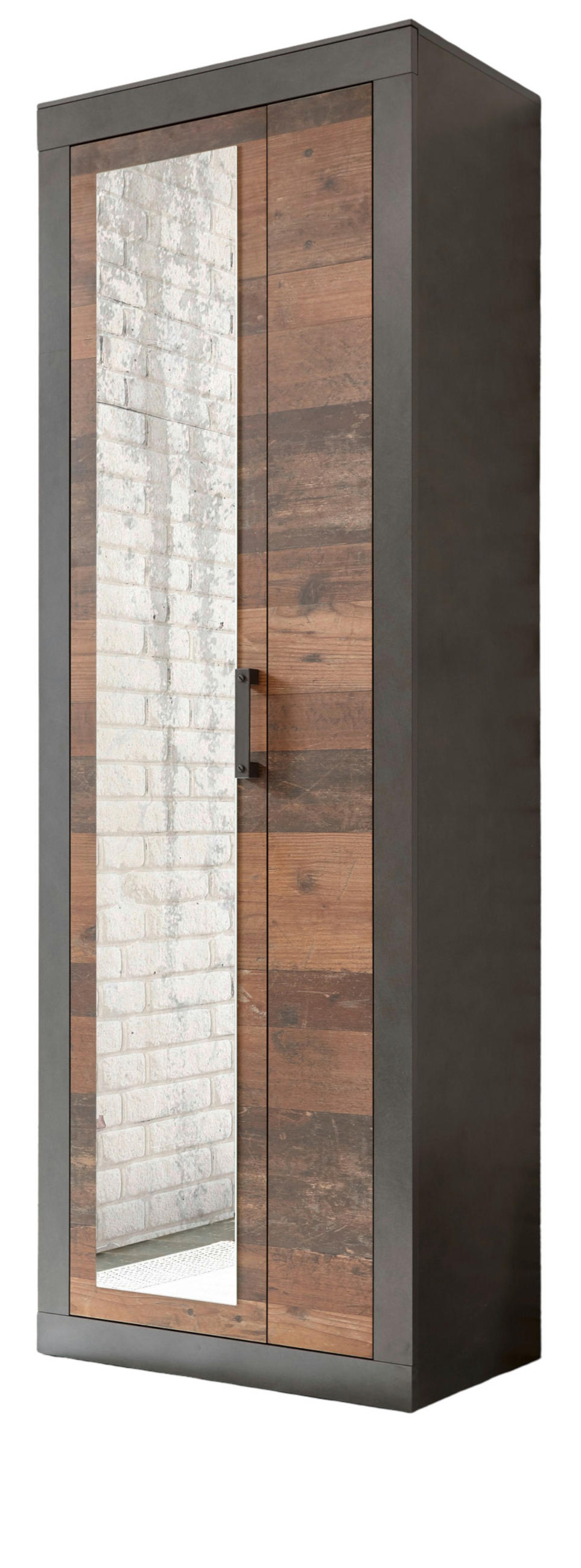 GARDEROBENSCHRANK Used Wood, Matera grau, großer Schuhschrank mit Spiegel - Schwarz/Naturfarben, Glas/Holzwerkstoff (65/201/42cm) - Furn.Design