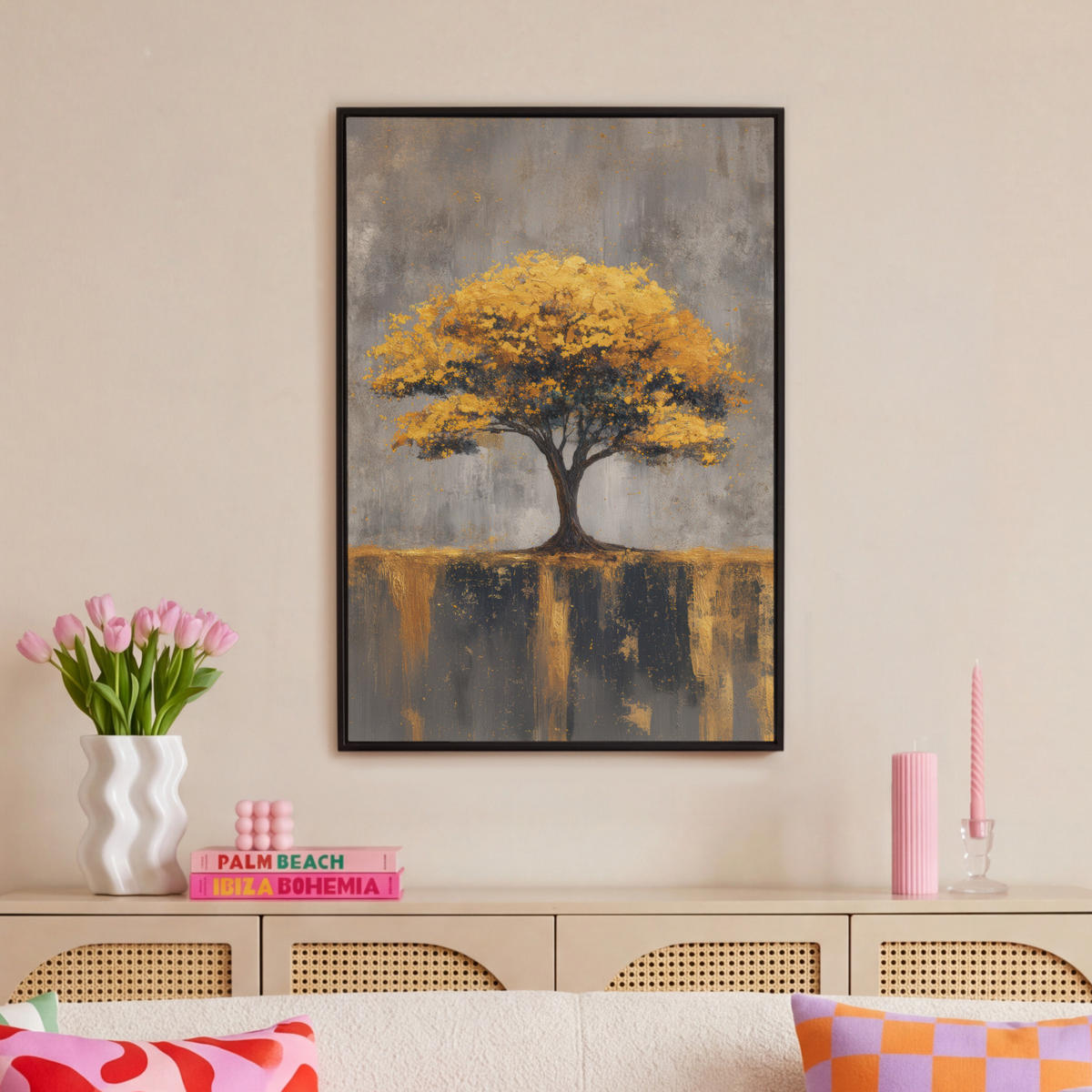 LEINWAND Bilder mit Rahmen - Baum - Blätter - Gold - Abstrakt - 60x90 - Grau, Textil (60/90cm) - MuchoWow