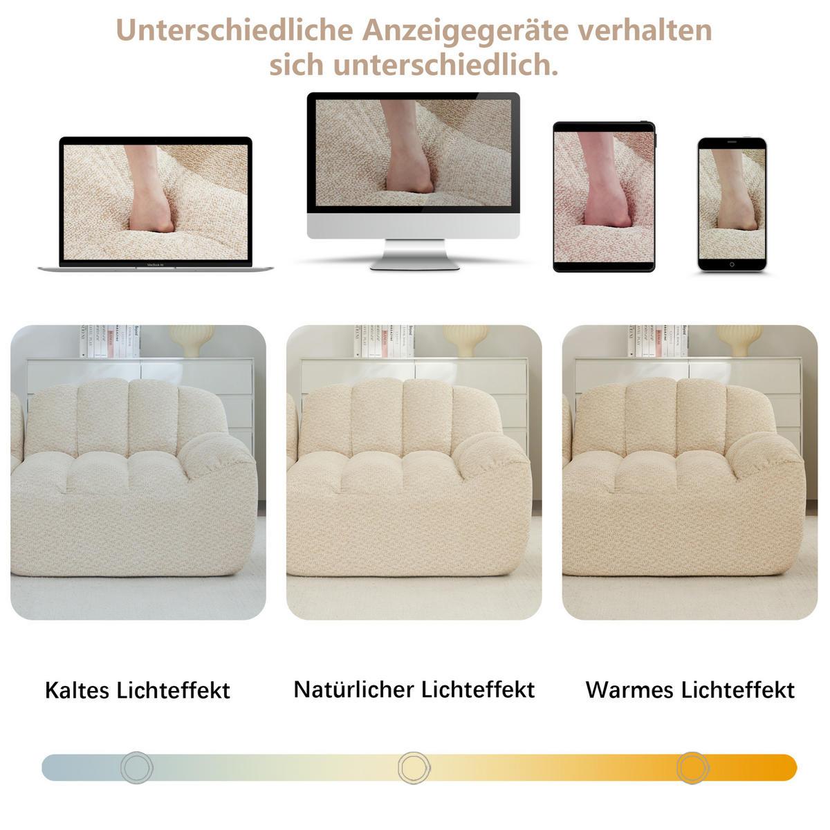 MODULARES Sofa aus granuliertem Fleece in Beige-Weiß 288x165x79 cm mit Ottoman und flexibler Aufstellung - Creme, Textil (165/288cm) - IVMEU