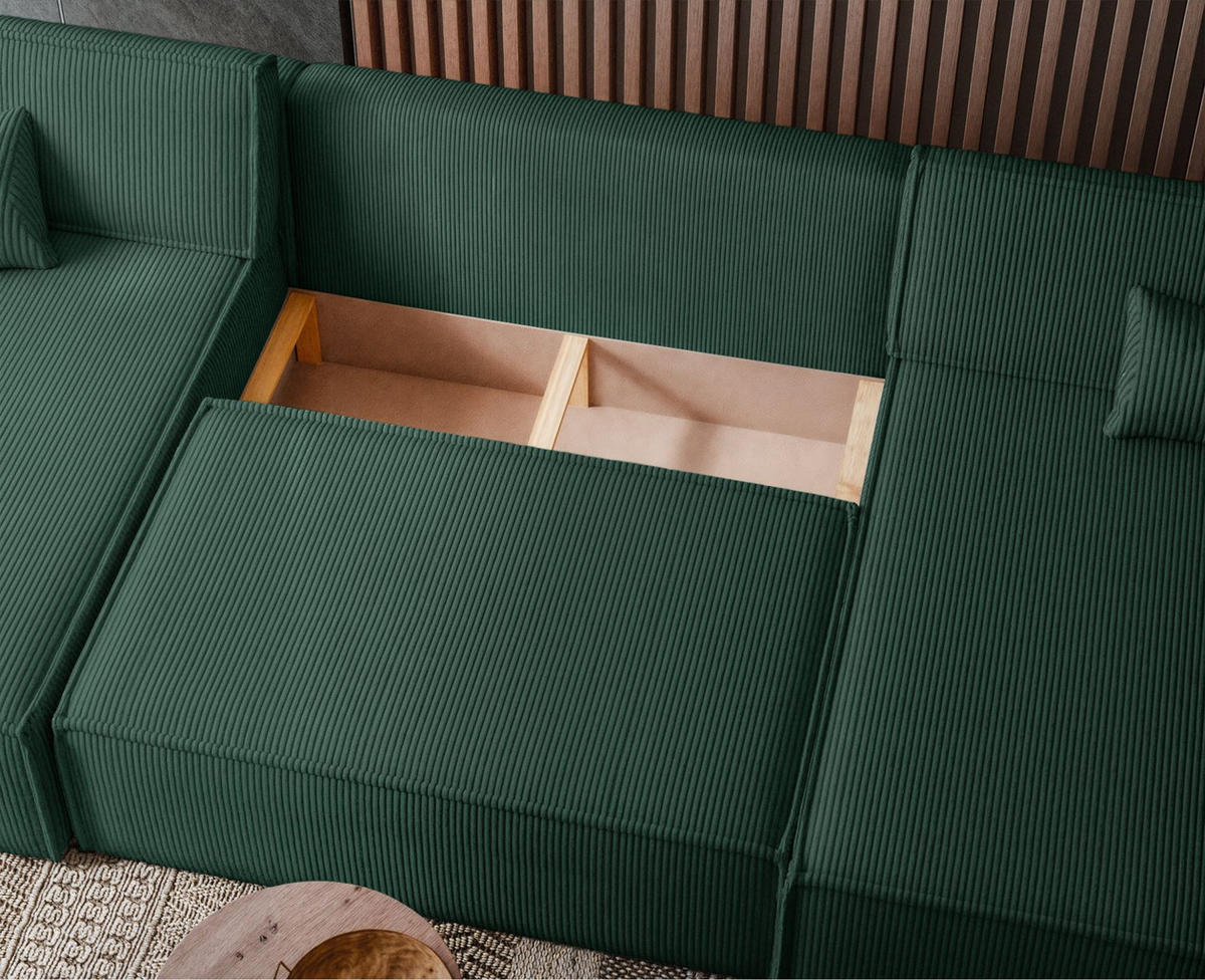 WOHNLANDSCHAFT Scarlo Dunkelgrün Cordbezug - Dunkelgrün/Schwarz, Kunststoff/Textil (312/83/145cm) - Selsey