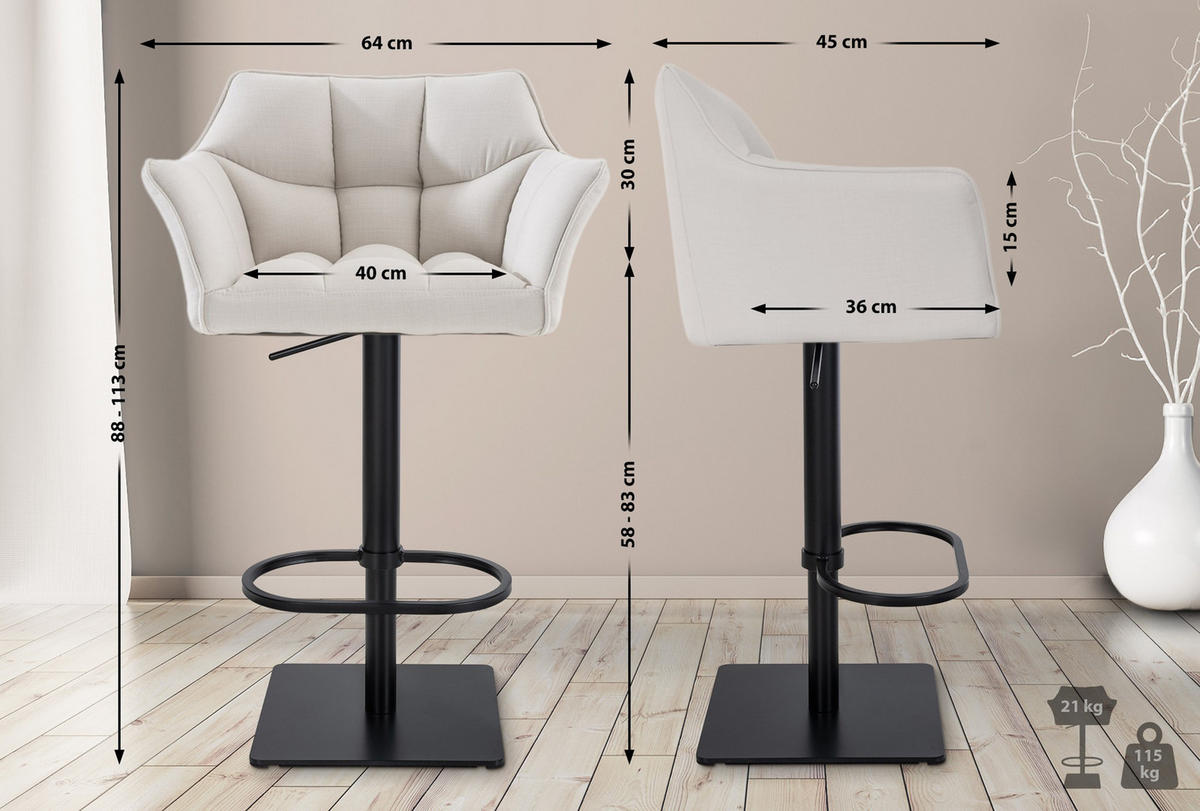 BARHOCKER 2er Set Damaskus Stoff schwarz weiß - Schwarz/Weiß, Textil/Metall (64/110/48cm) - TPFLiving