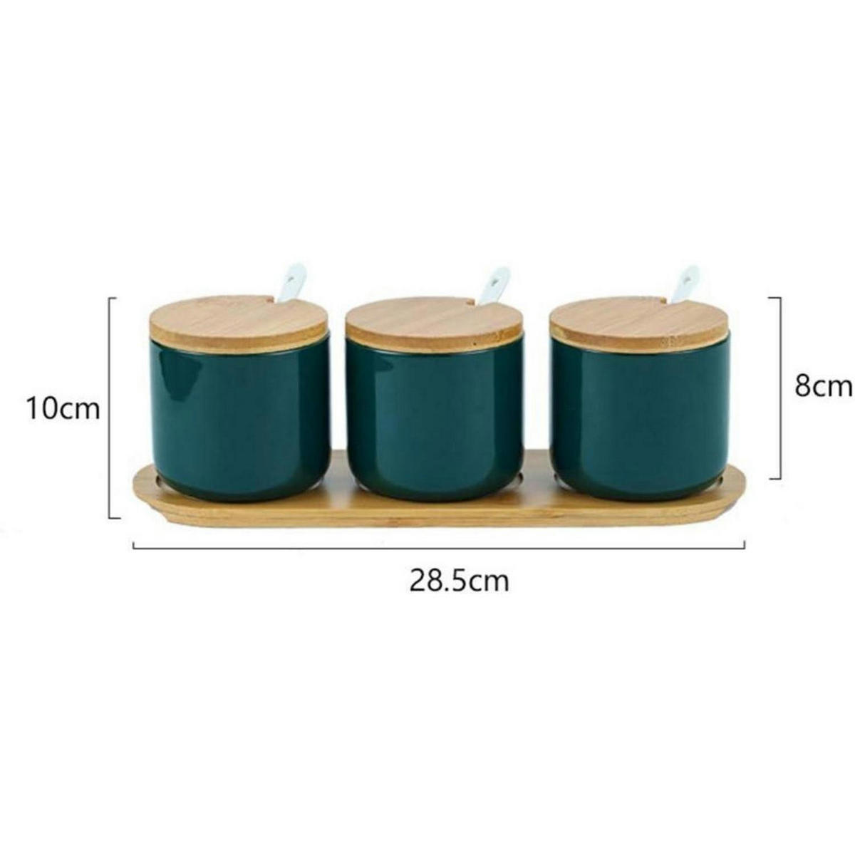 GEWÜRZGLÄSER 3er Set Keramik Grün mit Bambusdeckel und Löffel - Petrol, Keramik (8/10/8cm)
