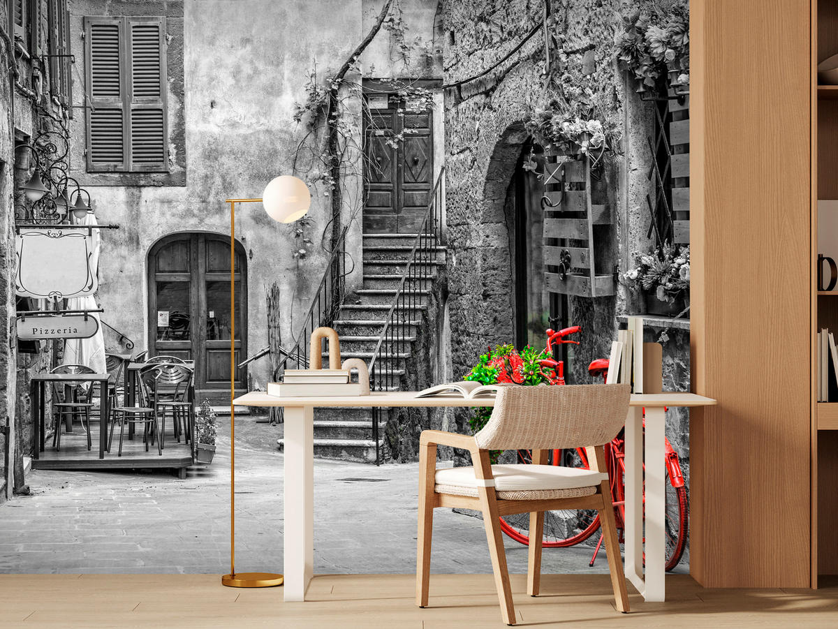 FOTOTAPETE für Wohnzimmer Italienische Gasse Rotes Fahrrad Toskana 150x105 - Rot/Schwarz, Papier (150/105cm) - Muralo