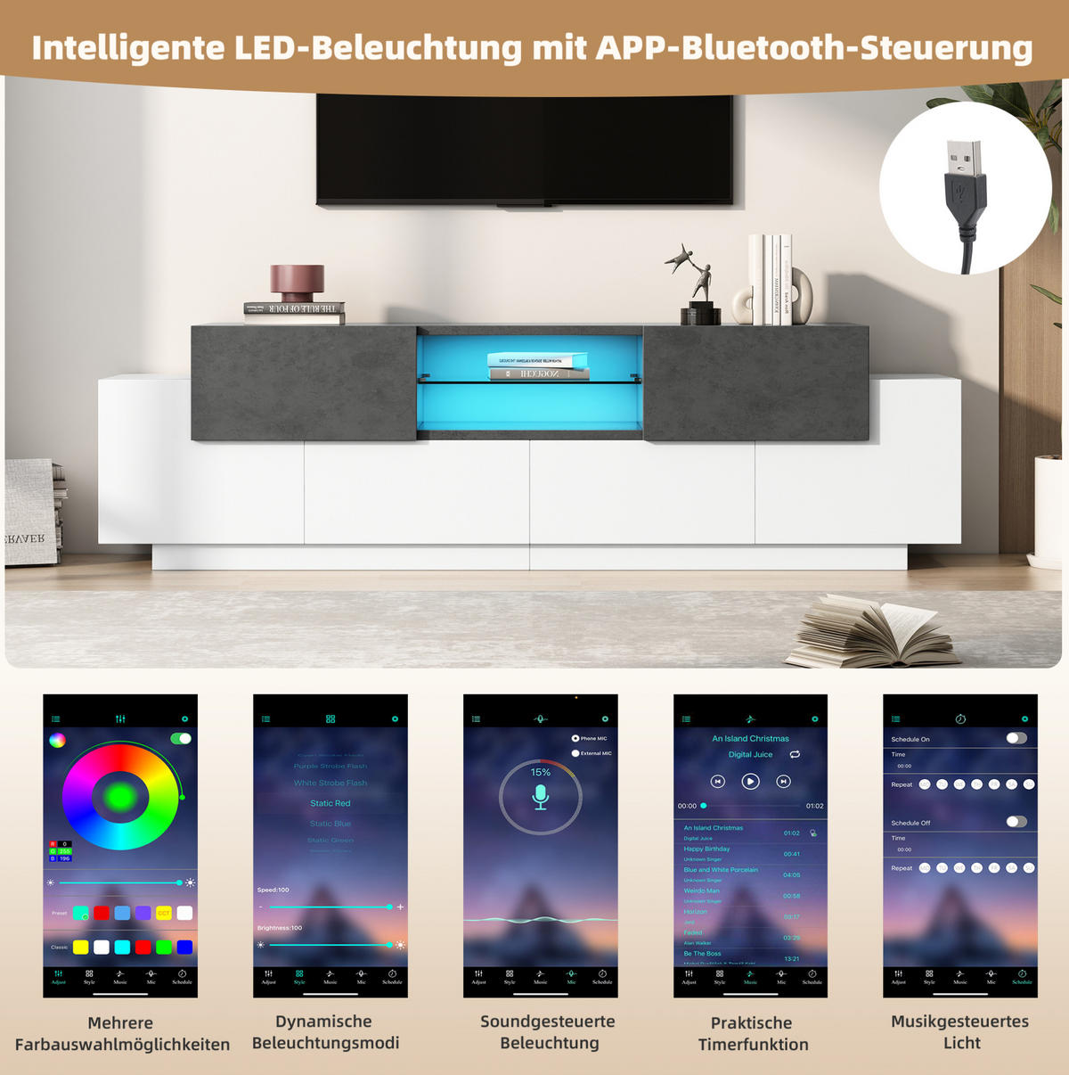 LOWBOARD 180/40/45 cm aus Spanplatte mit LED-Beleuchtung und Glasablagen Weiß/Grau - Weiß, Holzwerkstoff (180/45/40cm) - Modenvie