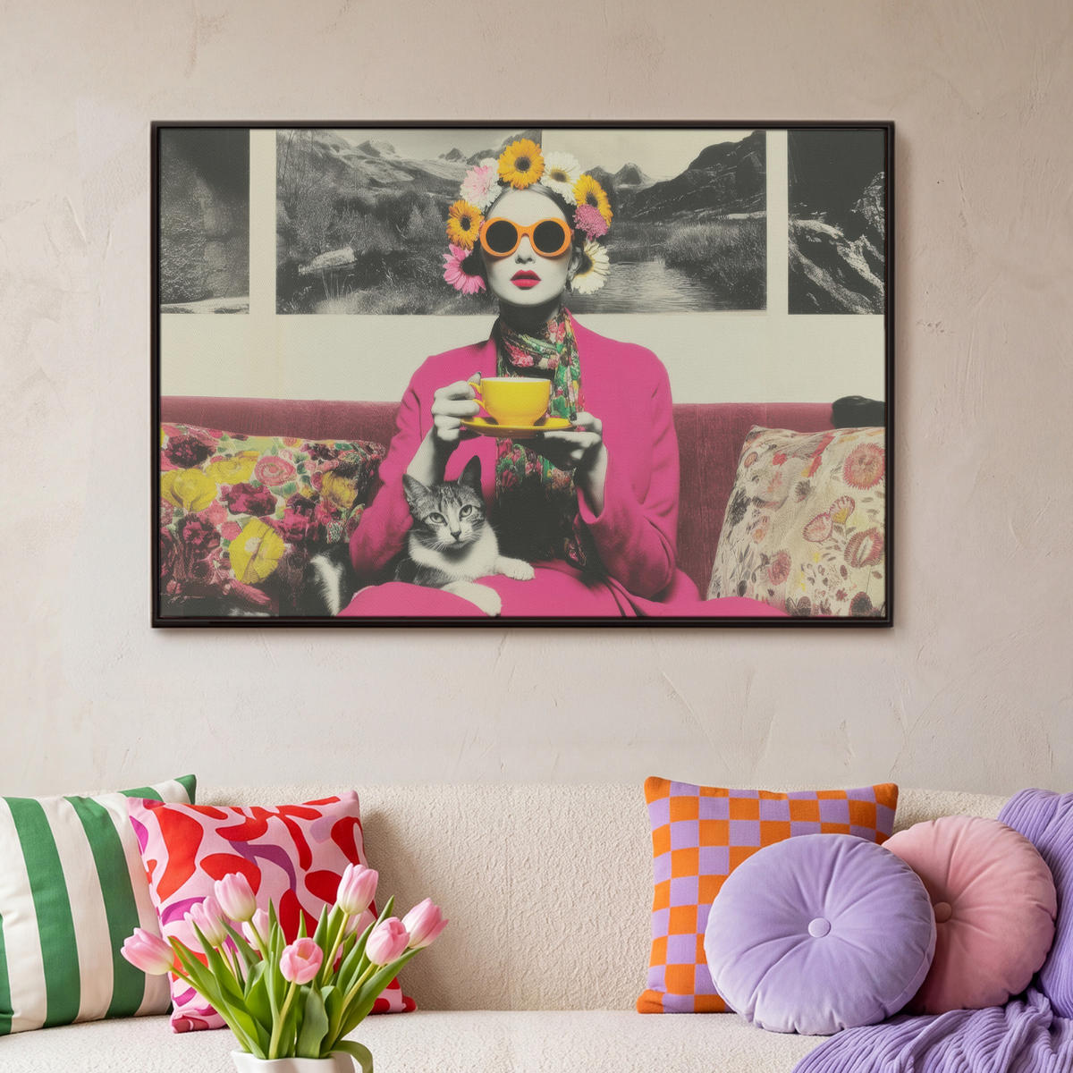 LEINWAND Bilder mit Rahmen - Frau - Katze - Blumen - Tasse - Retro - 90x60 - Magenta, Textil (90/60cm) - MuchoWow