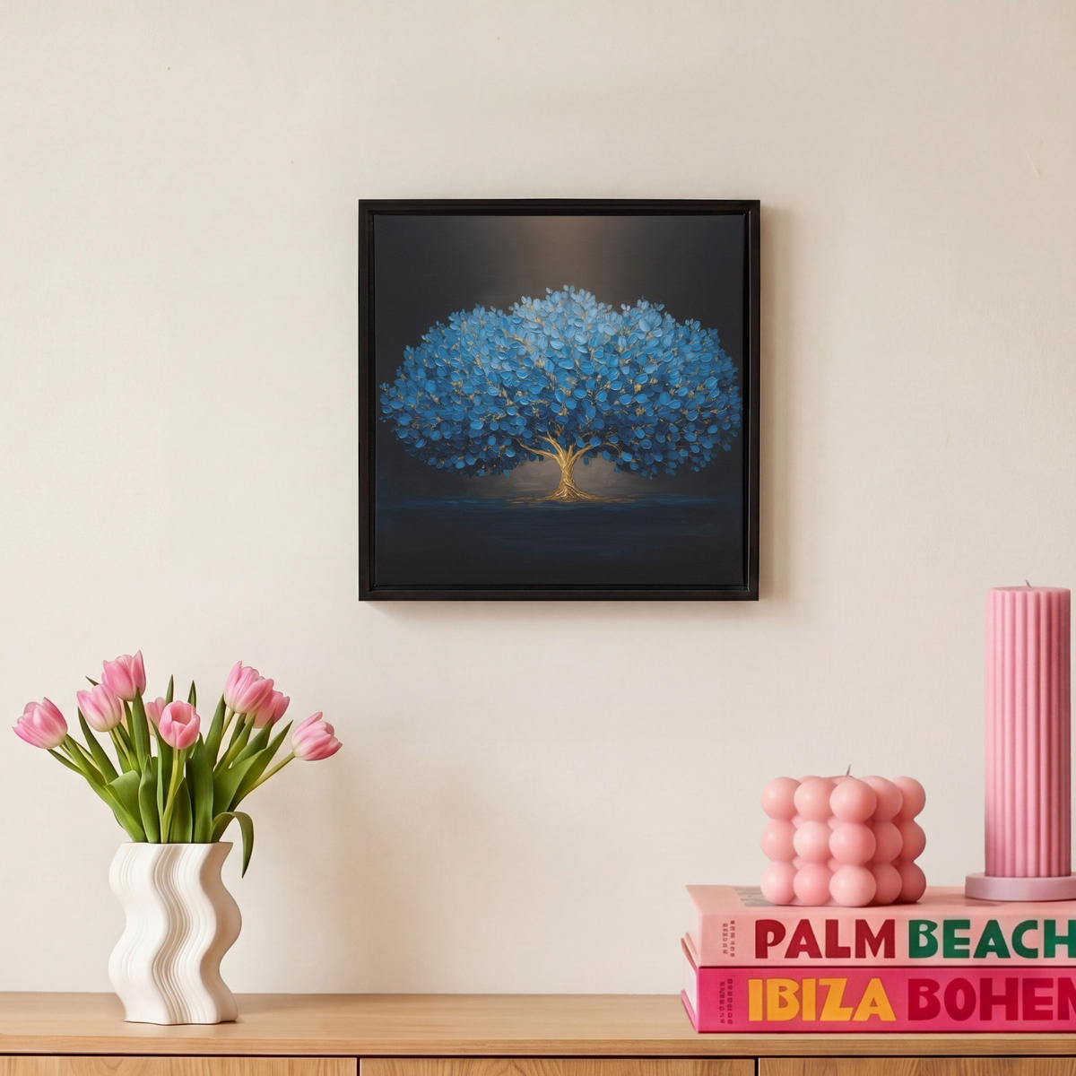 LEINWAND Bilder mit Rahmen - Baum - Blau - Blätter - Pinselstriche - 20x20 - Blau, Textil (20/20cm) - MuchoWow