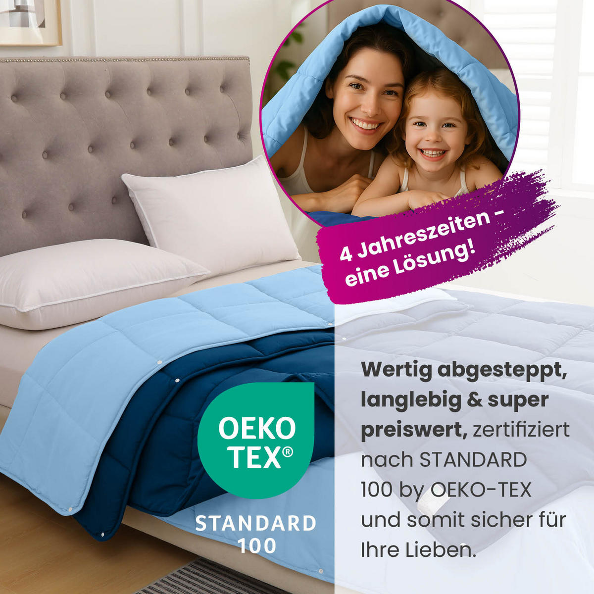4-JAHRESZEITEN Steppbett Bi-Color im Wende-Design blau 135x200 - Blau, Textil (135/200cm) - wometo