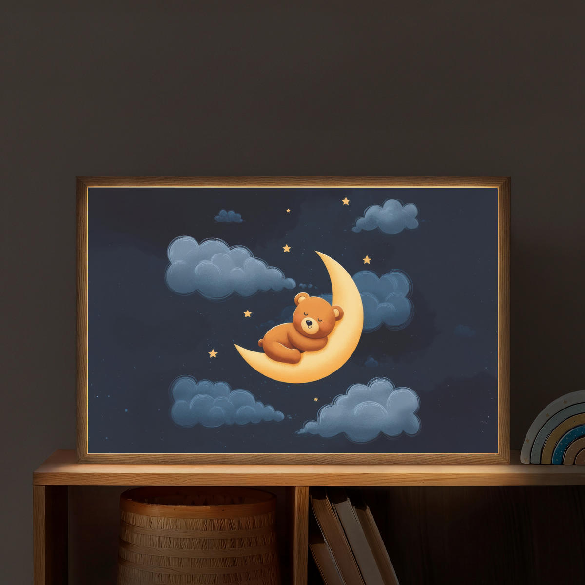 NACHTTISCHLAMPE MIT AKKU Teddybär - Mond - Wolken - Sterne 60x40 cm - Dunkelblau, Holzwerkstoff (8/60/40cm) - OnlyWow
