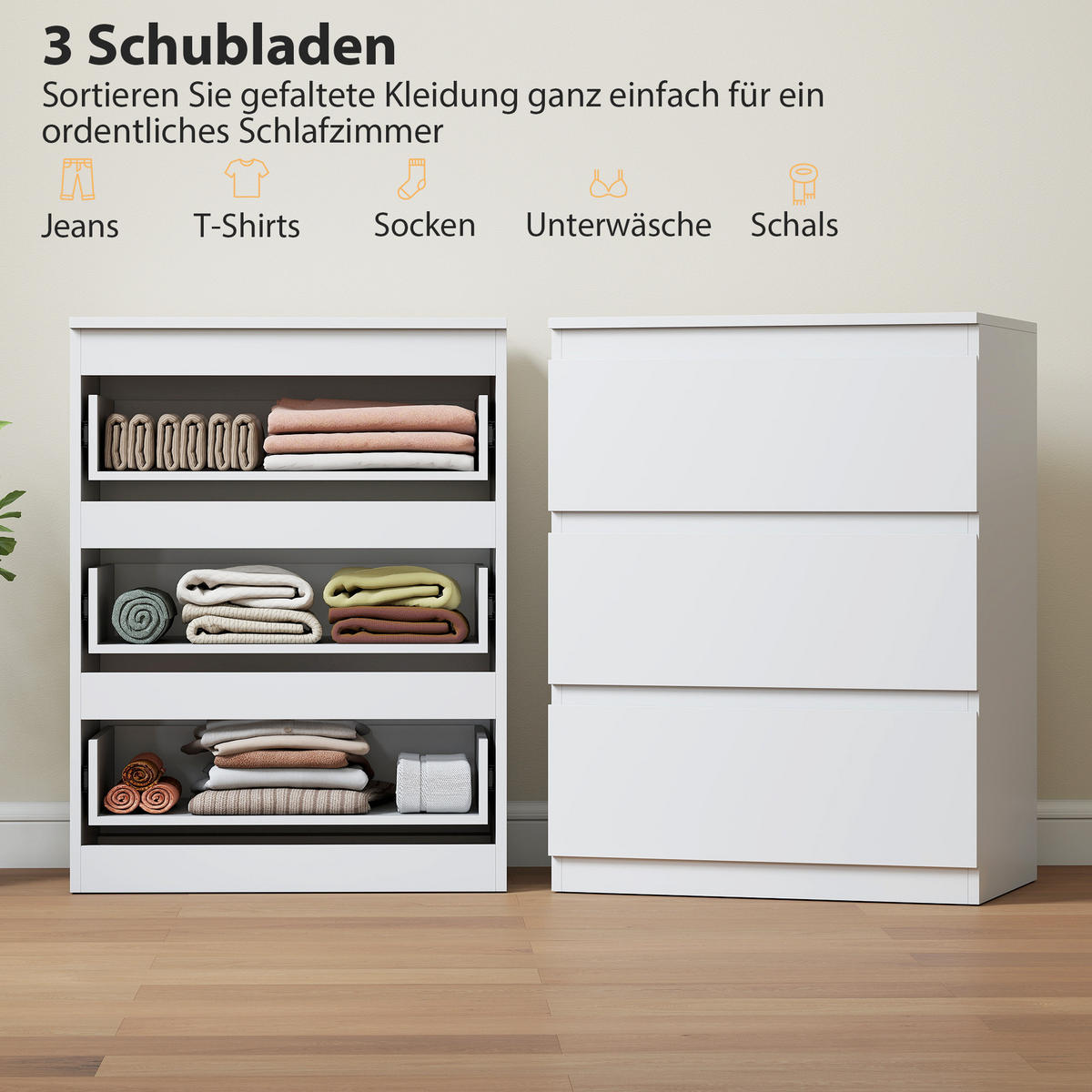 KOMMODE mit 3 Schubladen für Wohnzimmer Spanplatte Weiß - Weiß, Holzwerkstoff (40/79/60cm) - HOMCOM