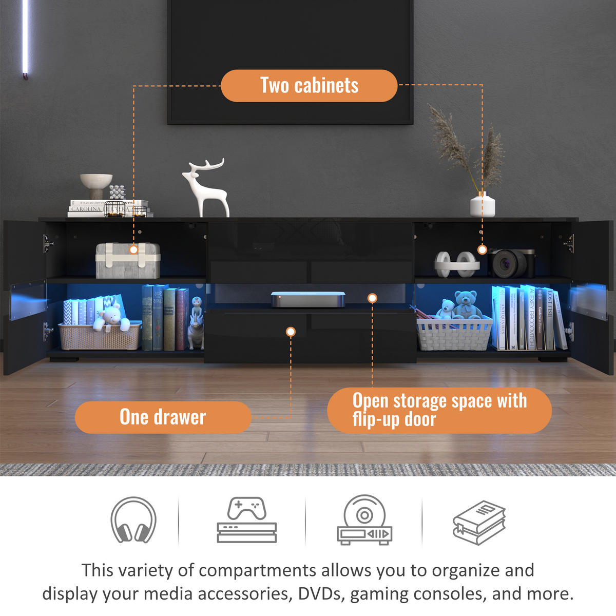 TV Lowboard LED 160x39x45 cm, 2 Türen, 1 Schublade, Schwarz - Schwarz, Holz (160/45/39cm)