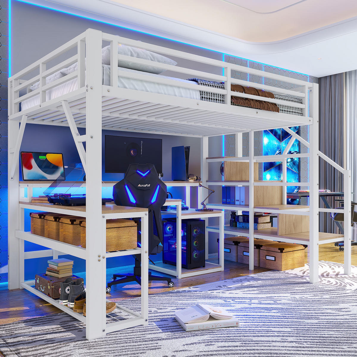 HOCHBETT 140x200cm Weiß Metall LED-Licht Schreibtisch USB - Weiß, Metall (140/200cm) - FLIEKS