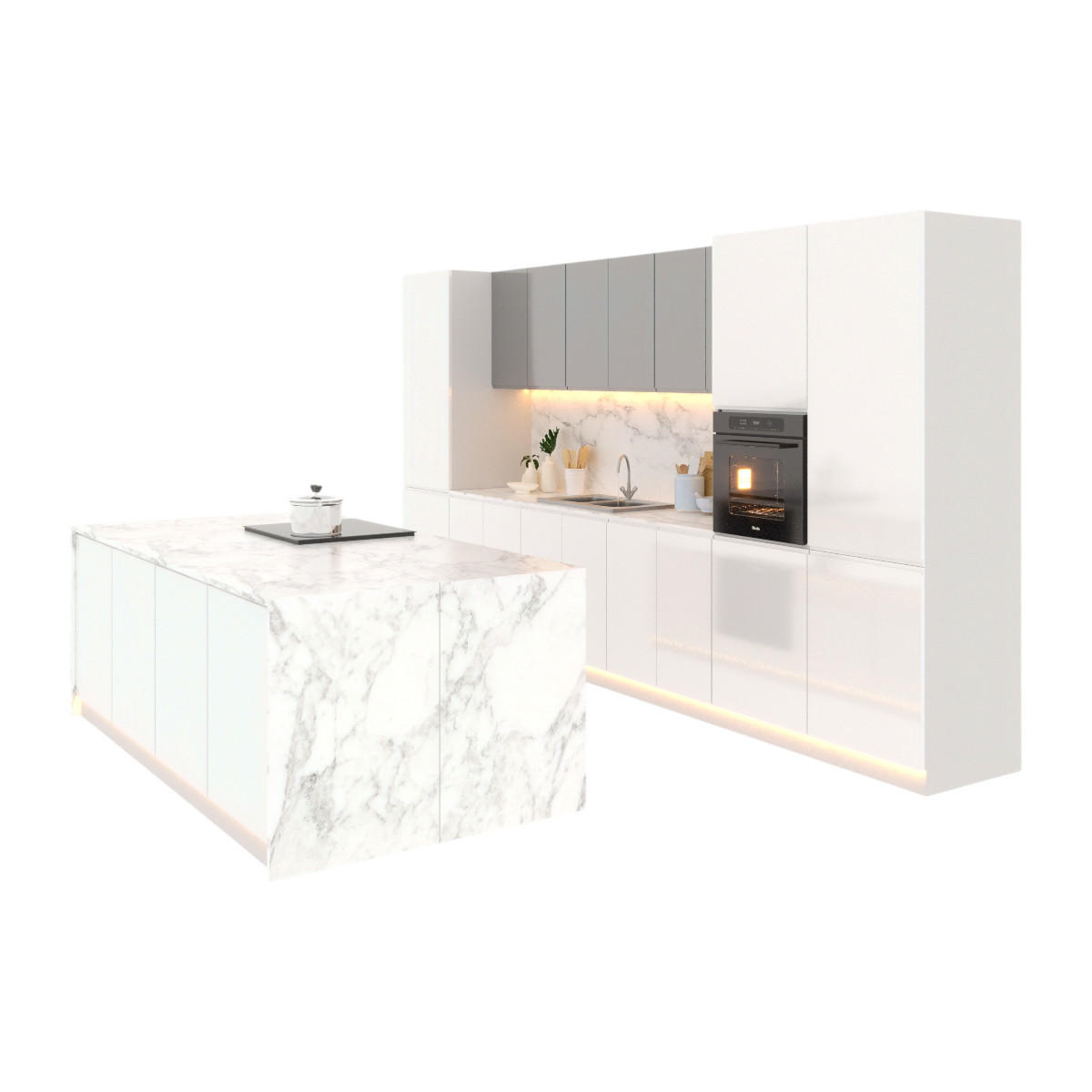 INSELKÜCHE-KÜCHENZEILE 420 cm Glanzia – KU-S15 – Weiß / Grau – Hochglanz - Weiß Hochglanz/Grau, Holzwerkstoff (420/212/60cm)