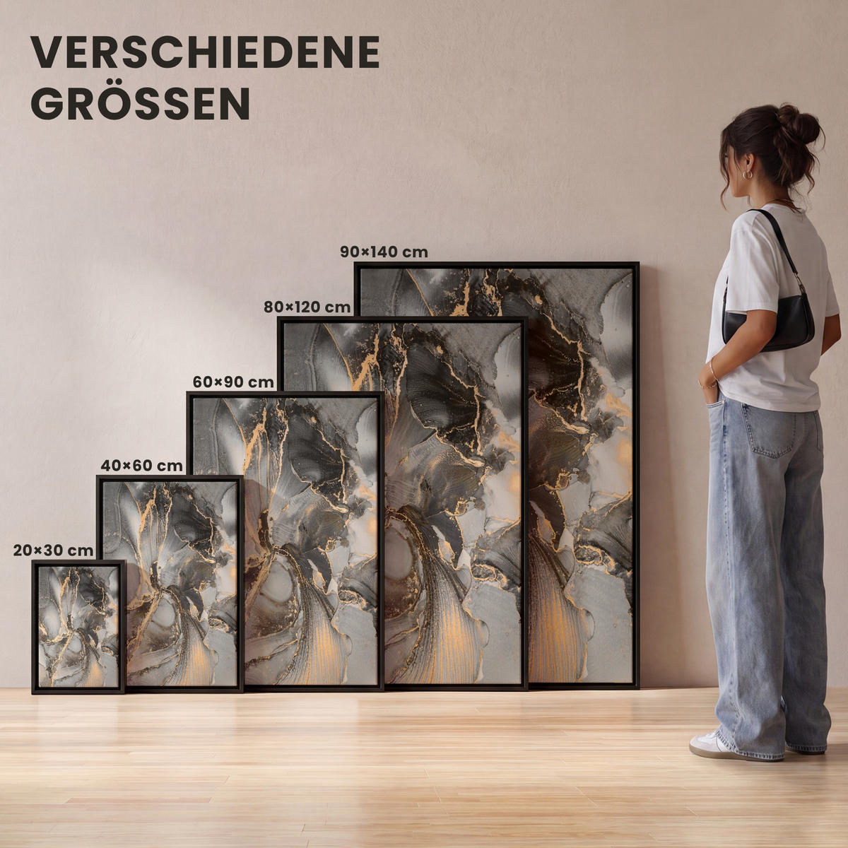 LEINWAND Bilder mit Rahmen - Grau - Luxus - Gold - Marmor - 100x150 - Dunkelgrau, Textil (100/150cm) - MuchoWow