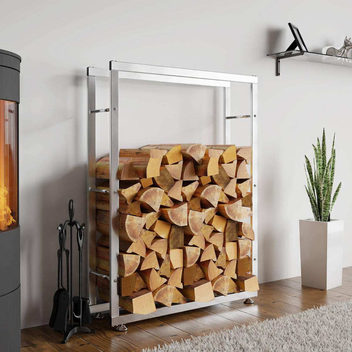 KAMINHOLZREGAL innen Metall SATLO Kaminholzständer Edelstahl 25x100x125 cm - Edelstahlfarben, Metall (125/100/25cm) - DELUKE