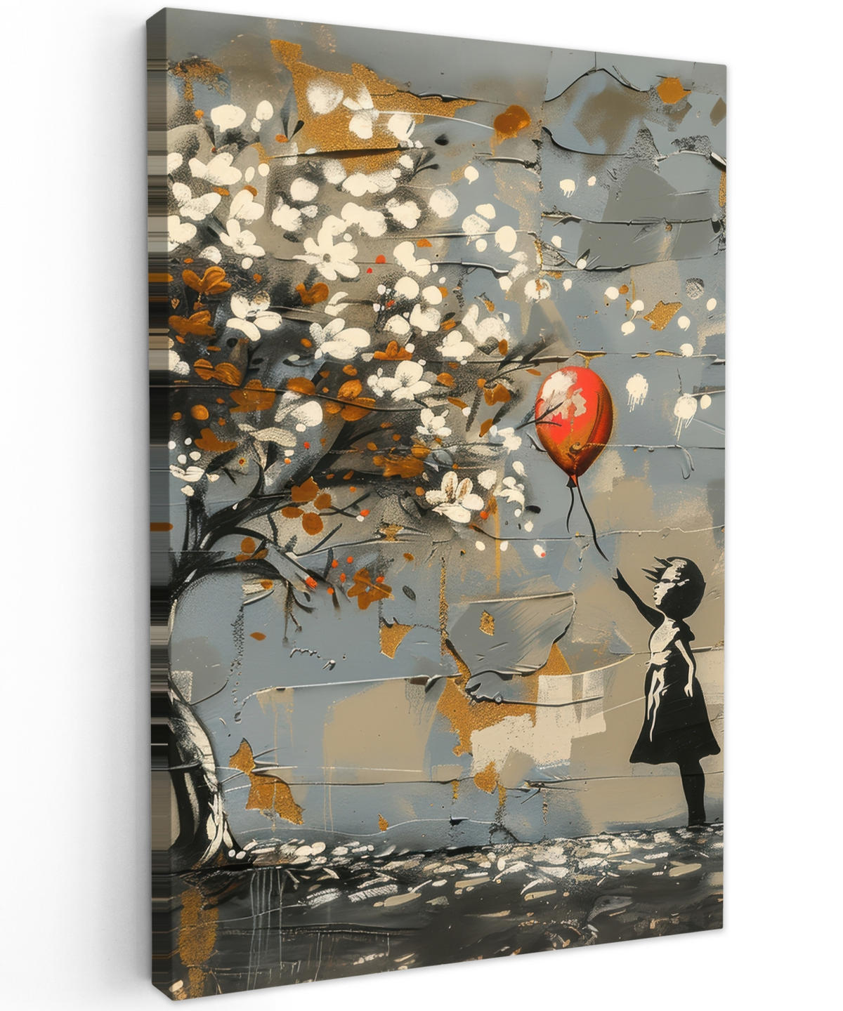 LEINWANDBILD Baum - Graffiti - Banksy-Stil - Ballon-Mädchen 80x120 cm - Blaugrau, Textil (80/120cm) - MuchoWow