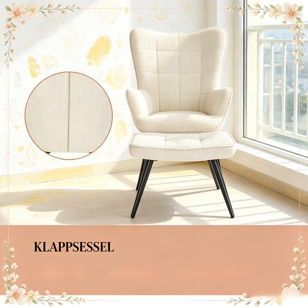 OHRENSESSEL mit Hocker, DE-42161, Creme - Creme, Metall (50/97/49cm) - ComfortXL