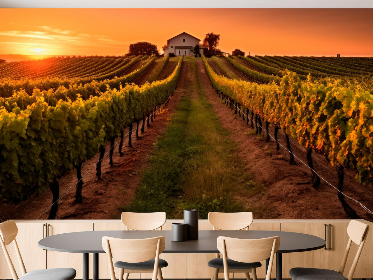 FOTOTAPETE für Esszimmer Weinberg Sonnenuntergang Obstgarten 450x315 - Gelb/Beige, Papier (450/315cm) - Muralo