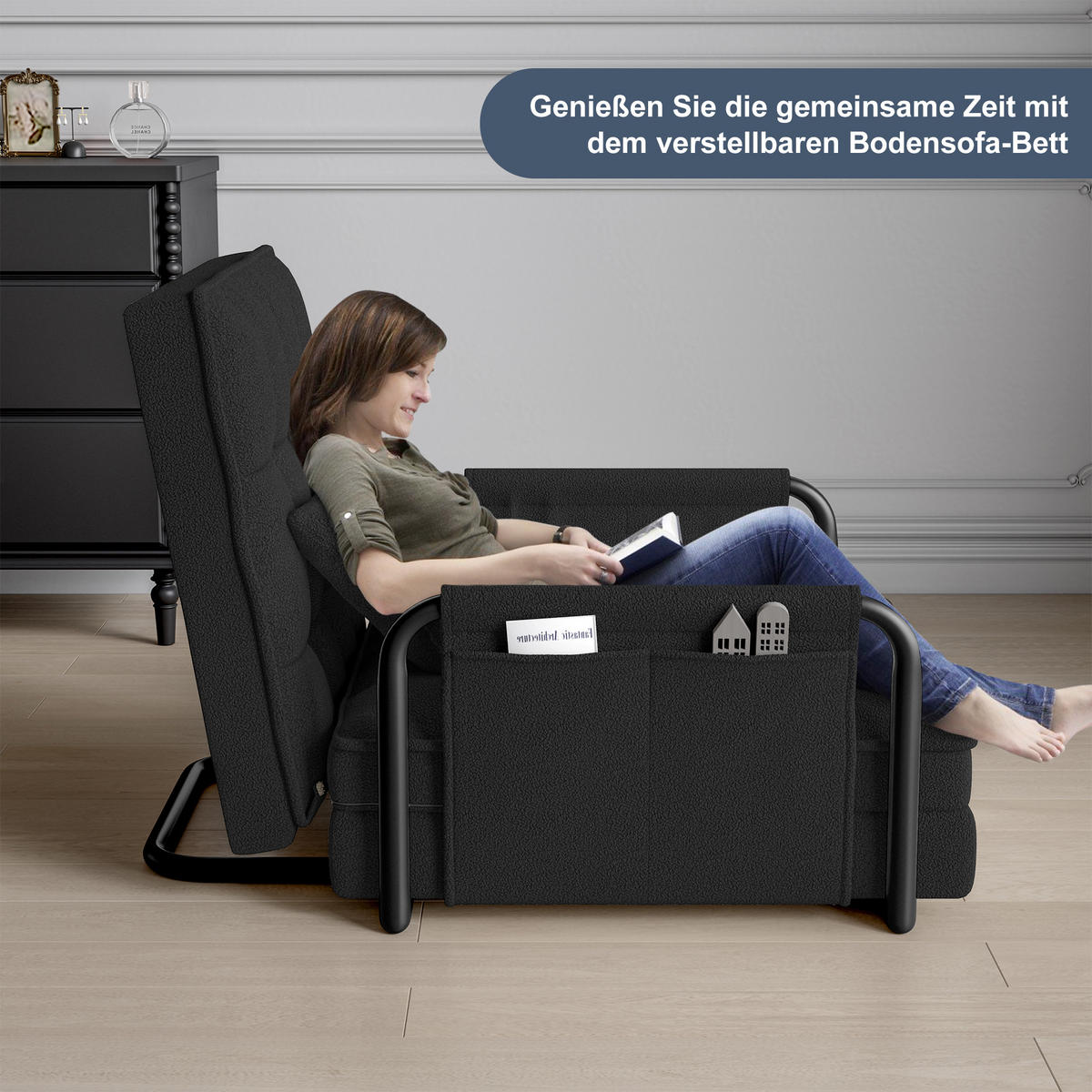 SCHLAFSOFA 5-fach verstellbar, Multifunktional, Schwarz Bouclé-Stoff - Schwarz, Holz (78/55/180cm)