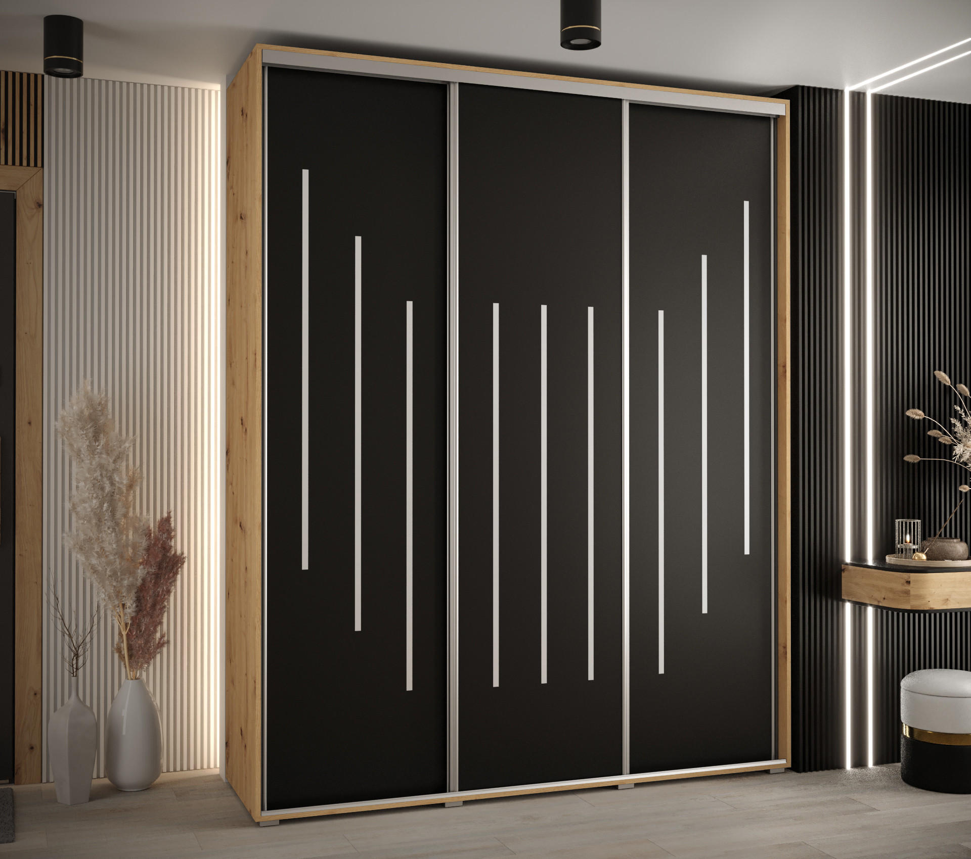 SCHWEBETÜRENSCHRANK 235,2/200/60 3-türig - Silberfarben/Schwarz, Holz/Metall (200/235/60cm) - Abiks Möbel