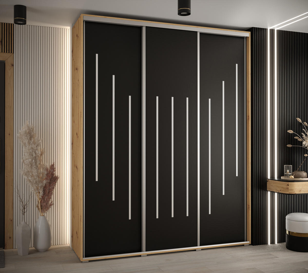 SCHWEBETÜRENSCHRANK 235,2/200/45 3-türig - Silberfarben/Schwarz, Holz/Metall (200/235/45cm) - Abiks Möbel