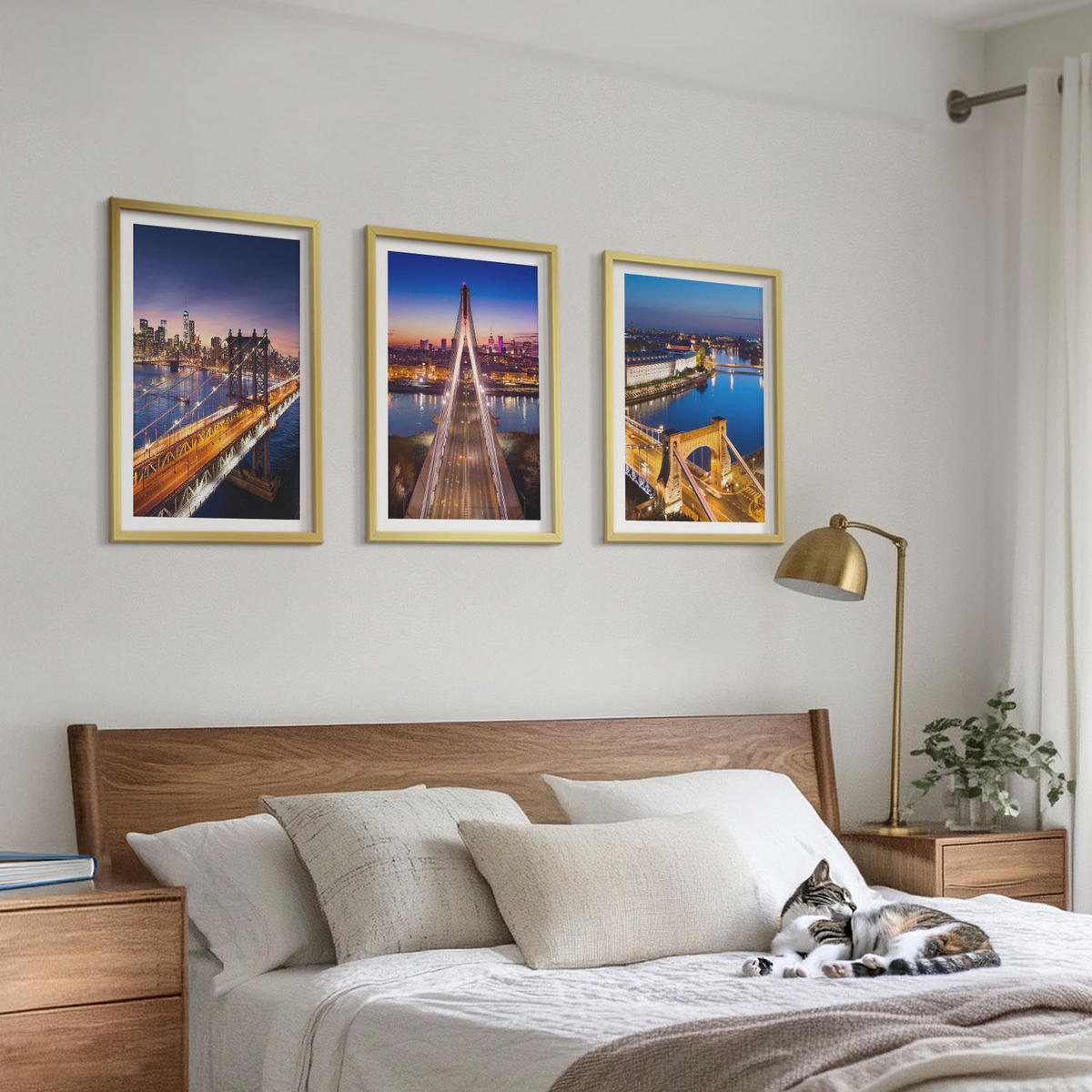 BILDER SET 3er Set - 40x60 cm Goldrahmen - Städte bei Nacht, Brücken, Flüsse - Goldfarben, Kunststoff (40/60cm) - TULUP