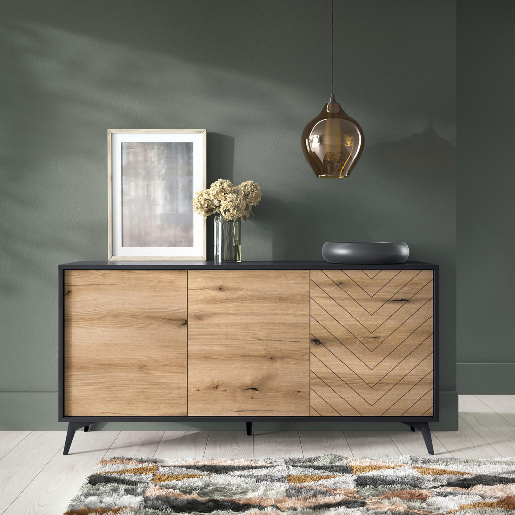 Thumbnail - Komodee Sideboard, Schwarz, Eiche, Glas, Holzwerkstoff, 3 Fächer, 154x77x39 cm, Wohnzimmer, Kommoden & Sideboards, Sideb...