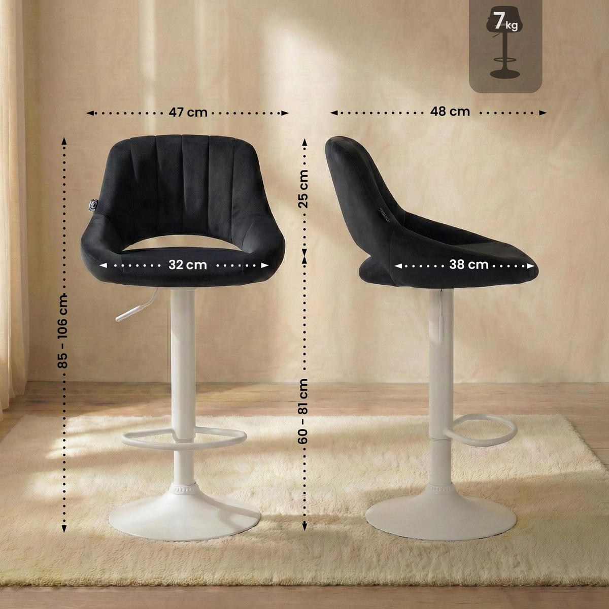 BARHOCKER Samt Schwarz - Schwarz/Weiß, Textil/Metall (47/85/48cm) - CLP