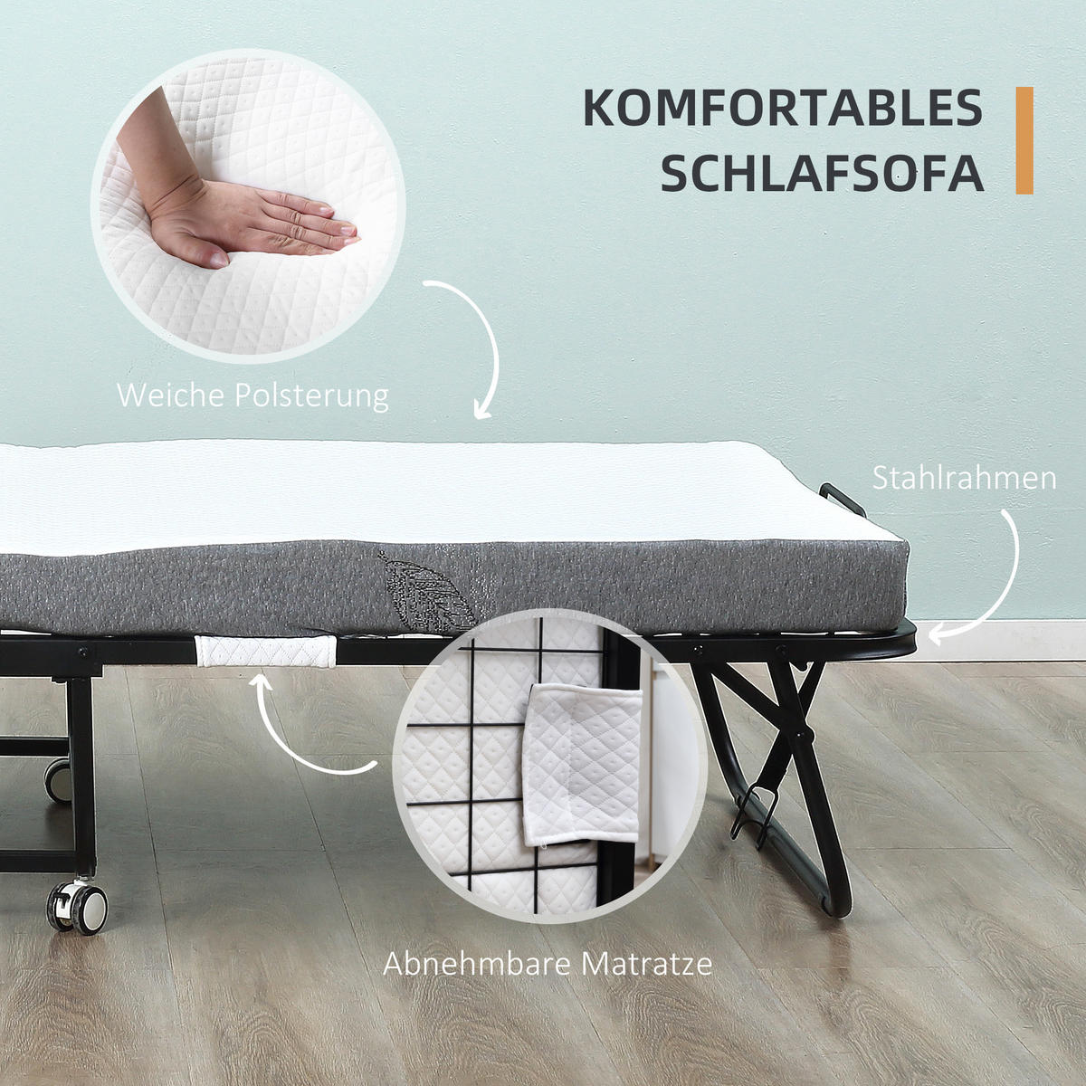 GÄSTEBETT 2-in-1 Klappbett mit Rollen klappbar Stahl+Schaumstoff Weiß+Schwarz - Weiß, Metall - HOMCOM