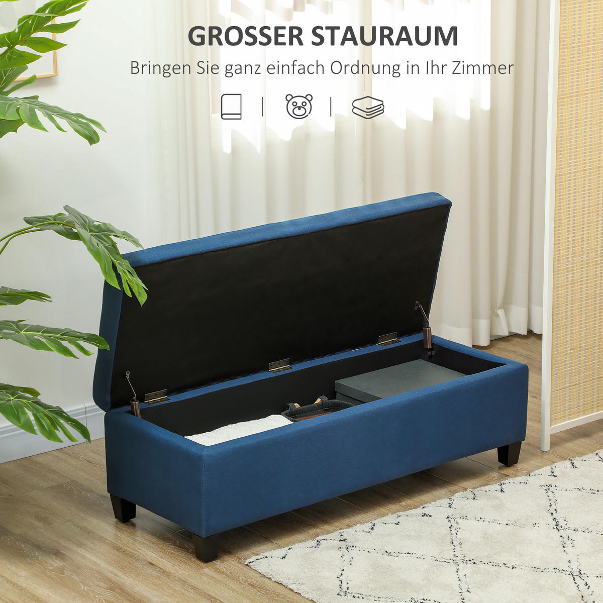 SITZBANK, Polsterbank mit Stauraum, Bettbank mit Deckel, Leinenoptik, Blau - Blau/Schwarz, Textil (49/41.5/125cm) - HOMCOM