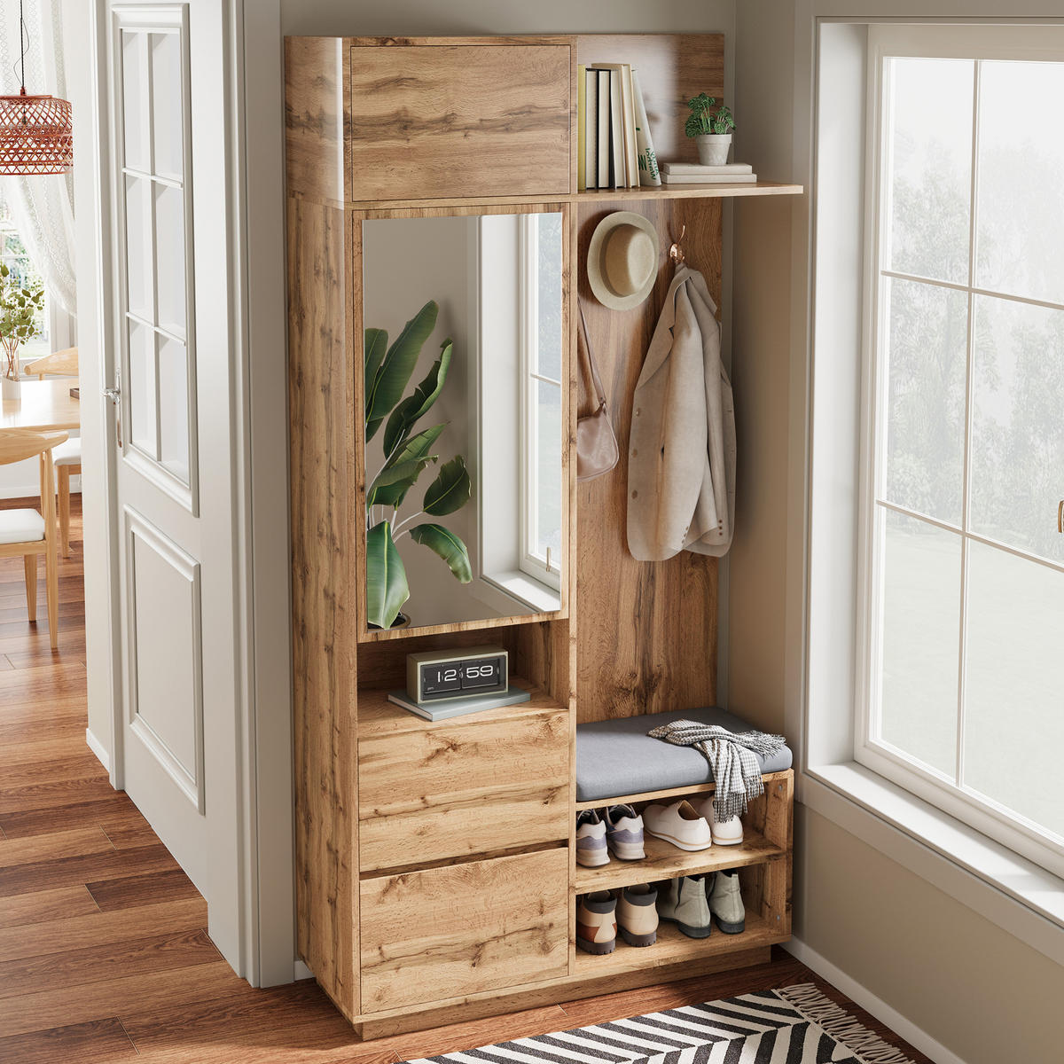 GARDEROBE Spiegel Sitzbank Schuhschrank - Naturfarben, Holz (90/190/34.5cm) - Fortuna Lai