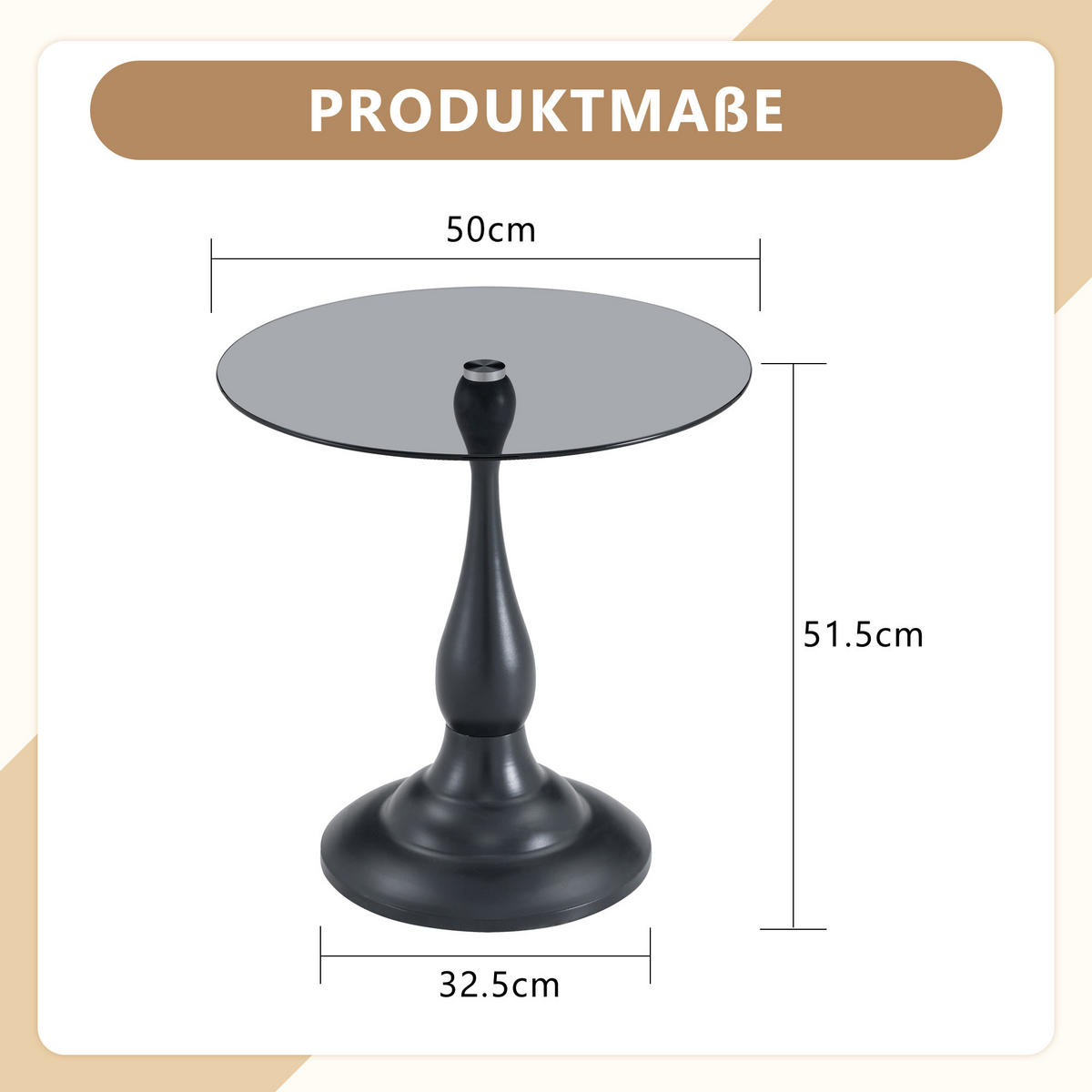 BEISTELLTISCH DE-37360 rund mit Glasplatte und geschwungenem Sockel Schwarz - Schwarz, Metall (50/50/51.5cm) - ComfortXL