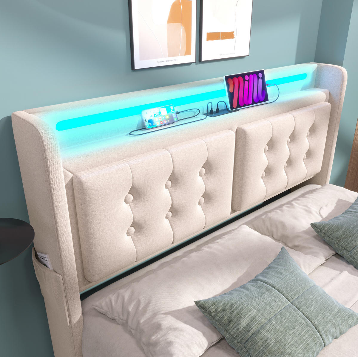 POLSTERBETT 180/200 cm mit Bettkasten, LED & USB/Typ-C, gepolstertes Kopfteil, Beige - Beige, Textil (180/200cm) - Redom