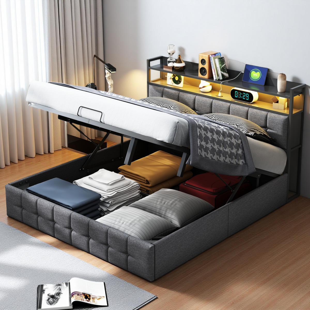 POLSTERBETT 140x200 cm Grau LED USB Stauraum - Grau, Metall (140/200cm) - SHOPENTRA