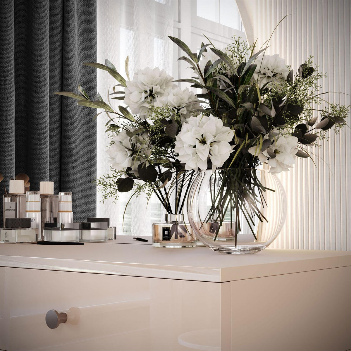 SCHMINKTISCH QUINNIE KASCHMIR mit LED-Spiegel Chrom rechts silber Griff - Kaschmir/Silberfarben, Holzwerkstoff (100/175/42cm) - Lookway