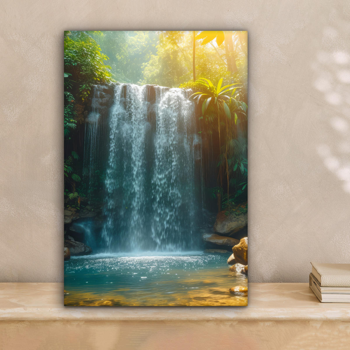 LEINWANDBILD Wasserfall - Dschungel - Sonne - Grün - Natur 20x30 cm - Grün, Textil (20/30cm) - MuchoWow