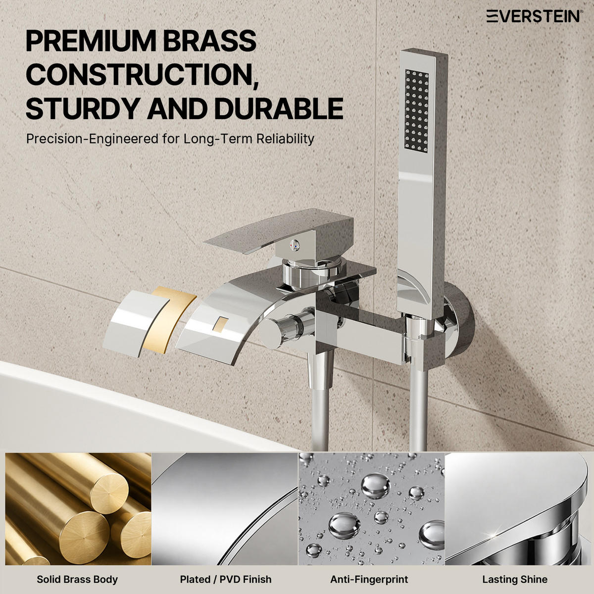 BADEWANNENARMATUR SFS-5005 Chrom, Aufputz mit Wasserfallauslauf 200 mm Handbrause 1500 mm Einhebel 150 mm Stichmaß - Chromfarben, Metall (6/20/23cm) - Everstein